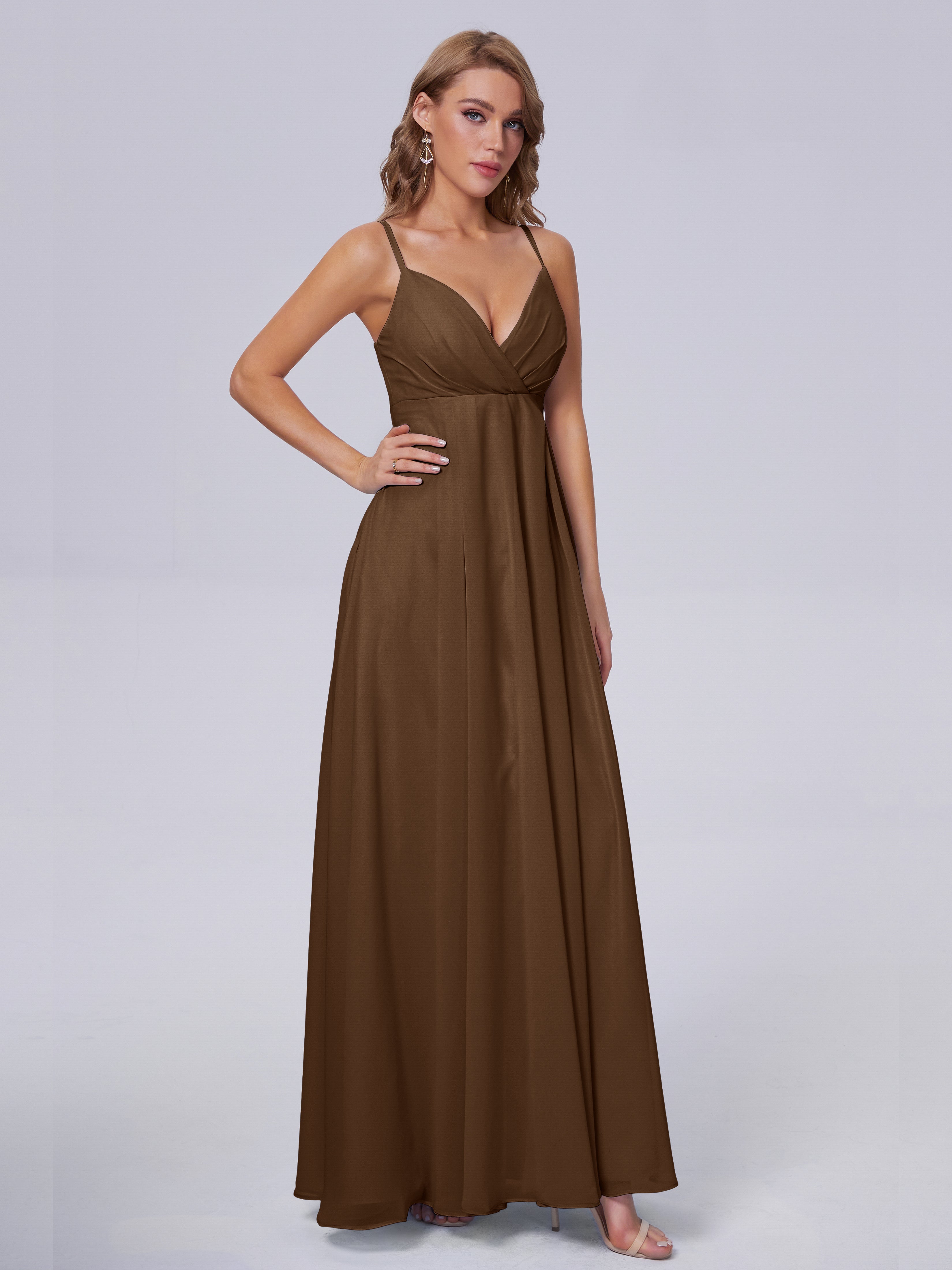 Robes De Demoiselle D'Honneur Brun Classique Bretelles Spaghetti Mousseline Robes Demoiselle D'Honneur