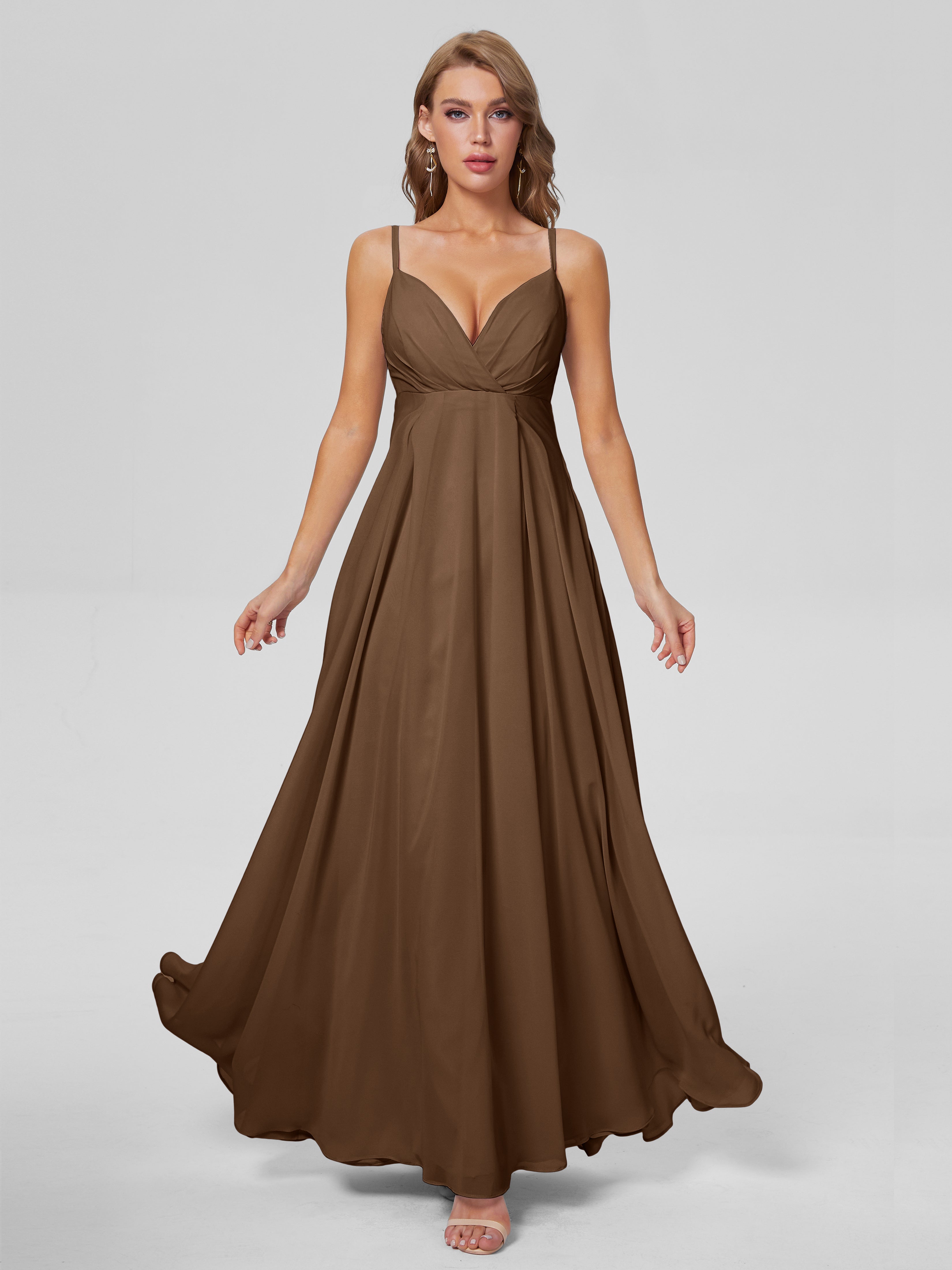 Robes De Demoiselle D'Honneur Brun Classique Bretelles Spaghetti Mousseline Robes Demoiselle D'Honneur