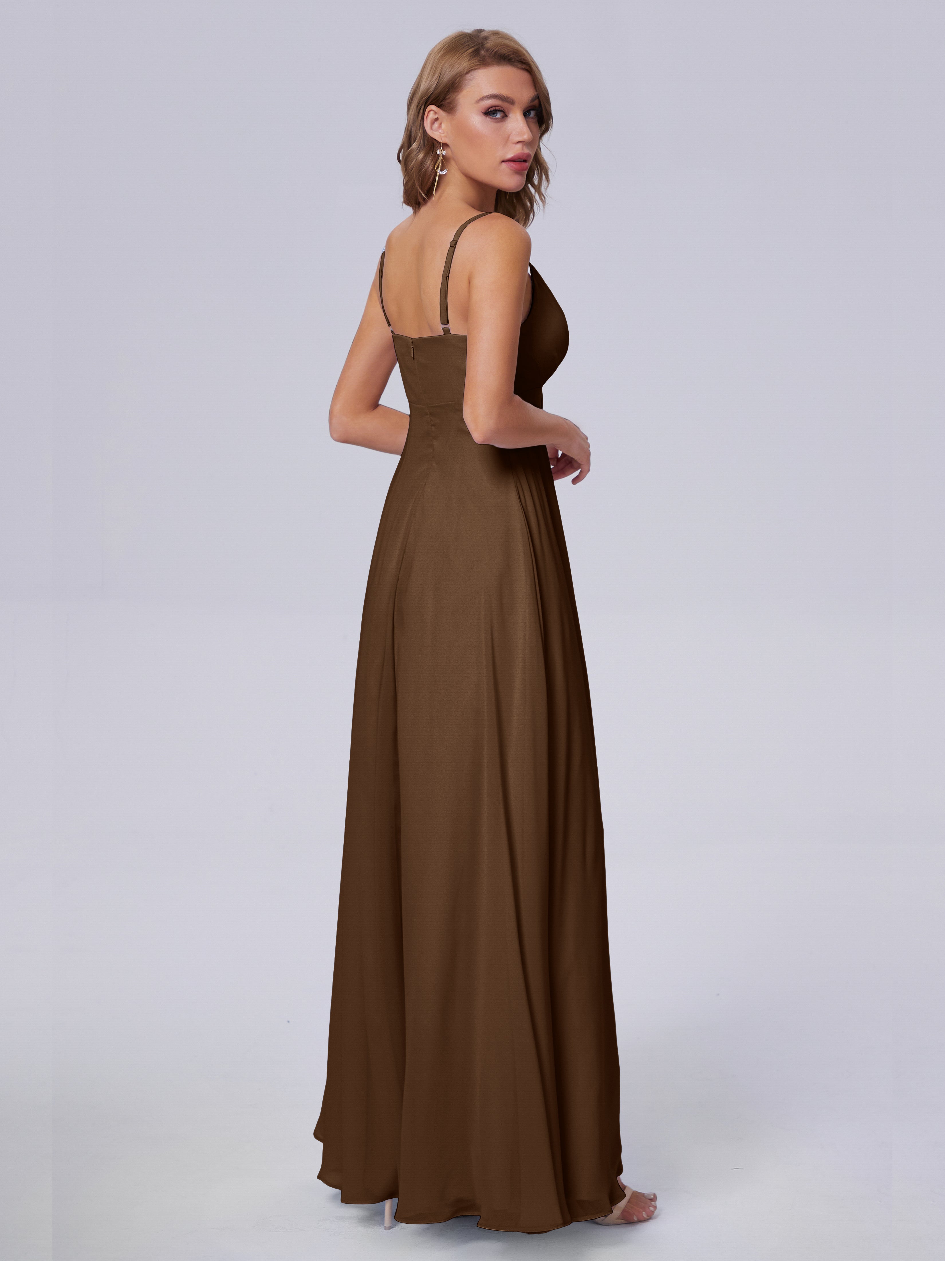 Robes De Demoiselle D'Honneur Brun Classique Bretelles Spaghetti Mousseline Robes Demoiselle D'Honneur