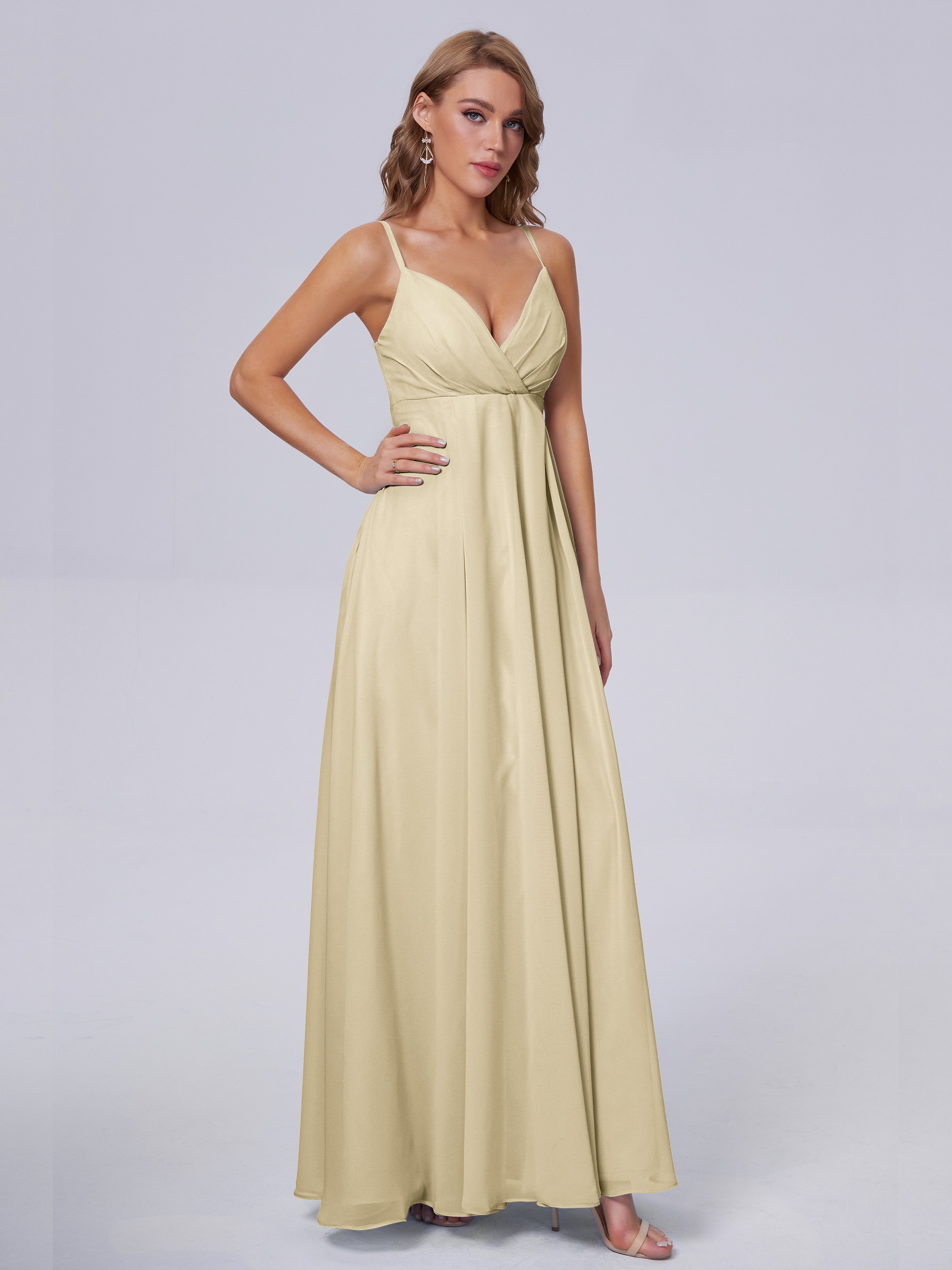 Robe Demoiselle D Honneur Couleur Champagne Classique Bretelles Spaghetti Mousseline Robes Demoiselle D'Honneur