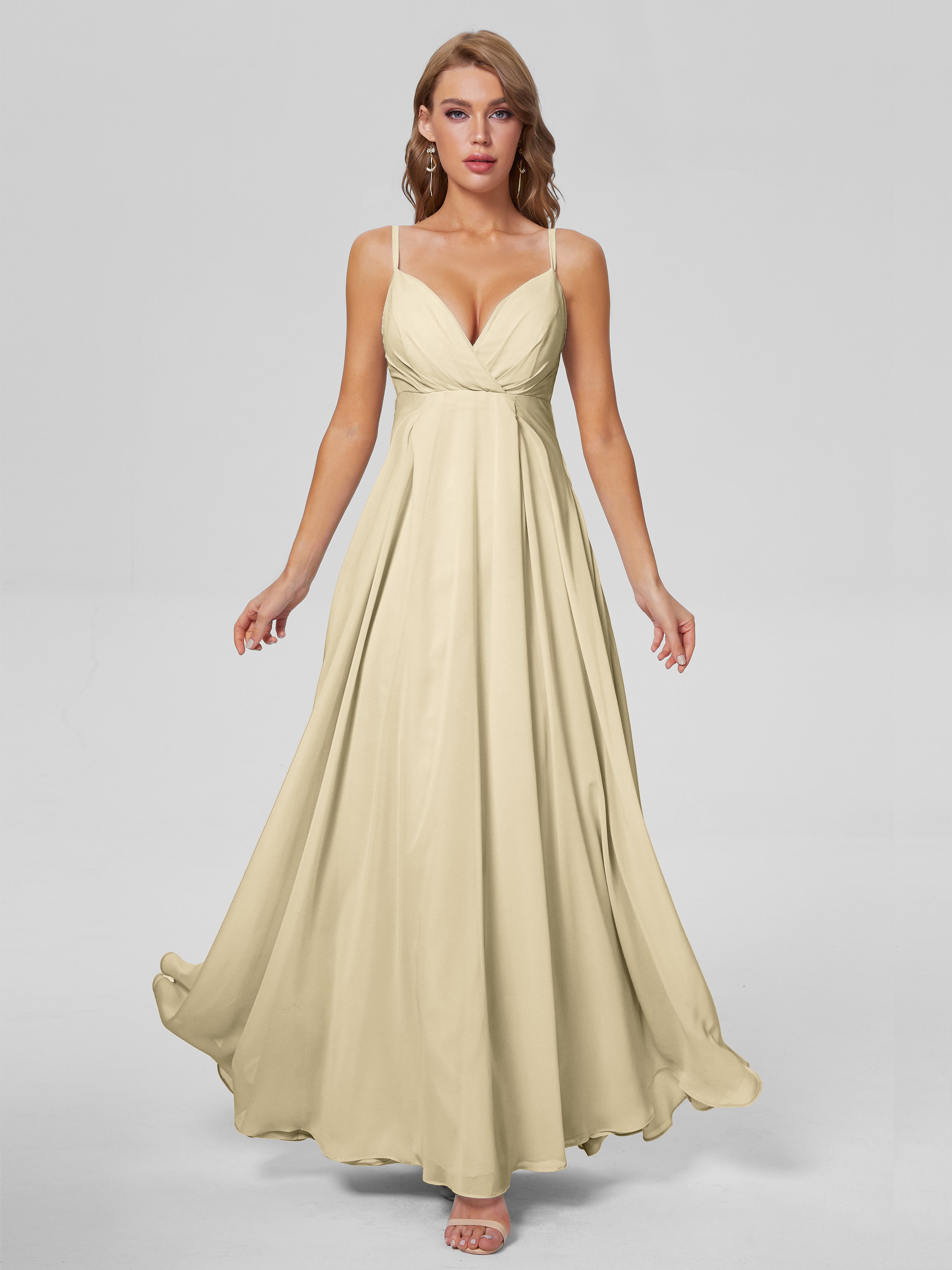 Robe Demoiselle D Honneur Couleur Champagne Classique Bretelles Spaghetti Mousseline Robes Demoiselle D'Honneur
