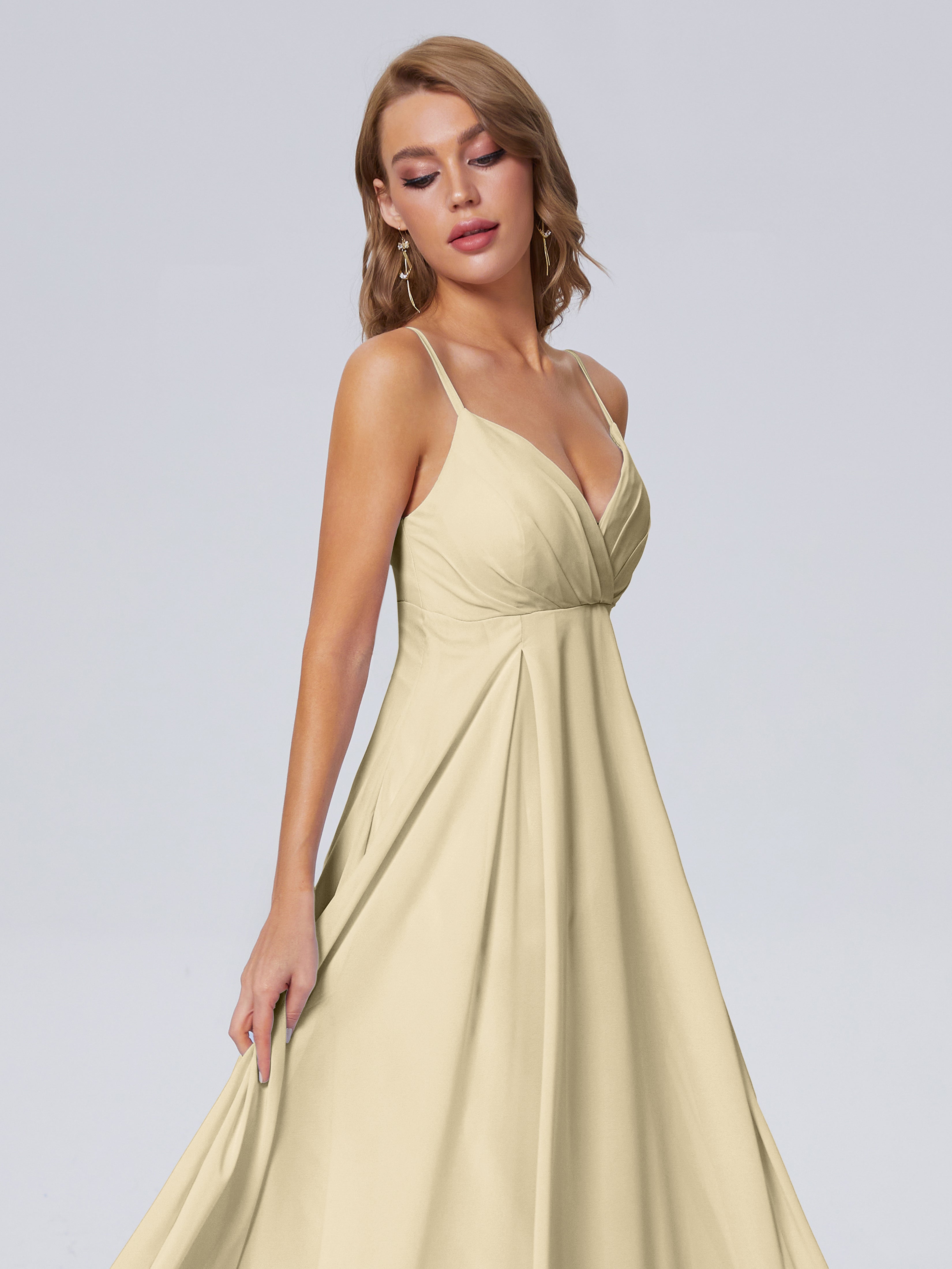 Robe Demoiselle D Honneur Couleur Champagne Classique Bretelles Spaghetti Mousseline Robes Demoiselle D'Honneur