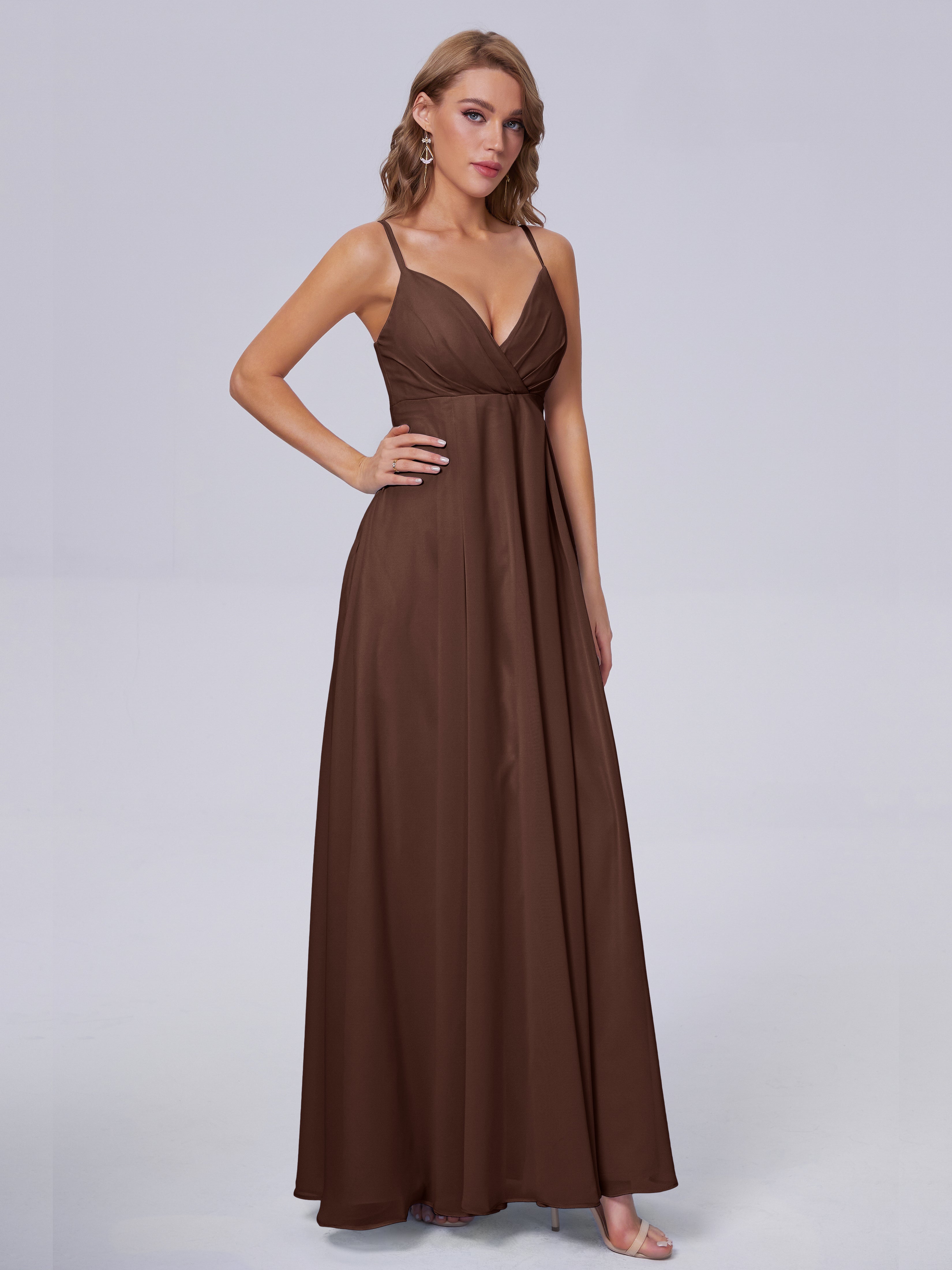 Robes De Demoiselle D'Honneur En Chocolat Classique Bretelles Spaghetti Mousseline Robes Demoiselle D'Honneur