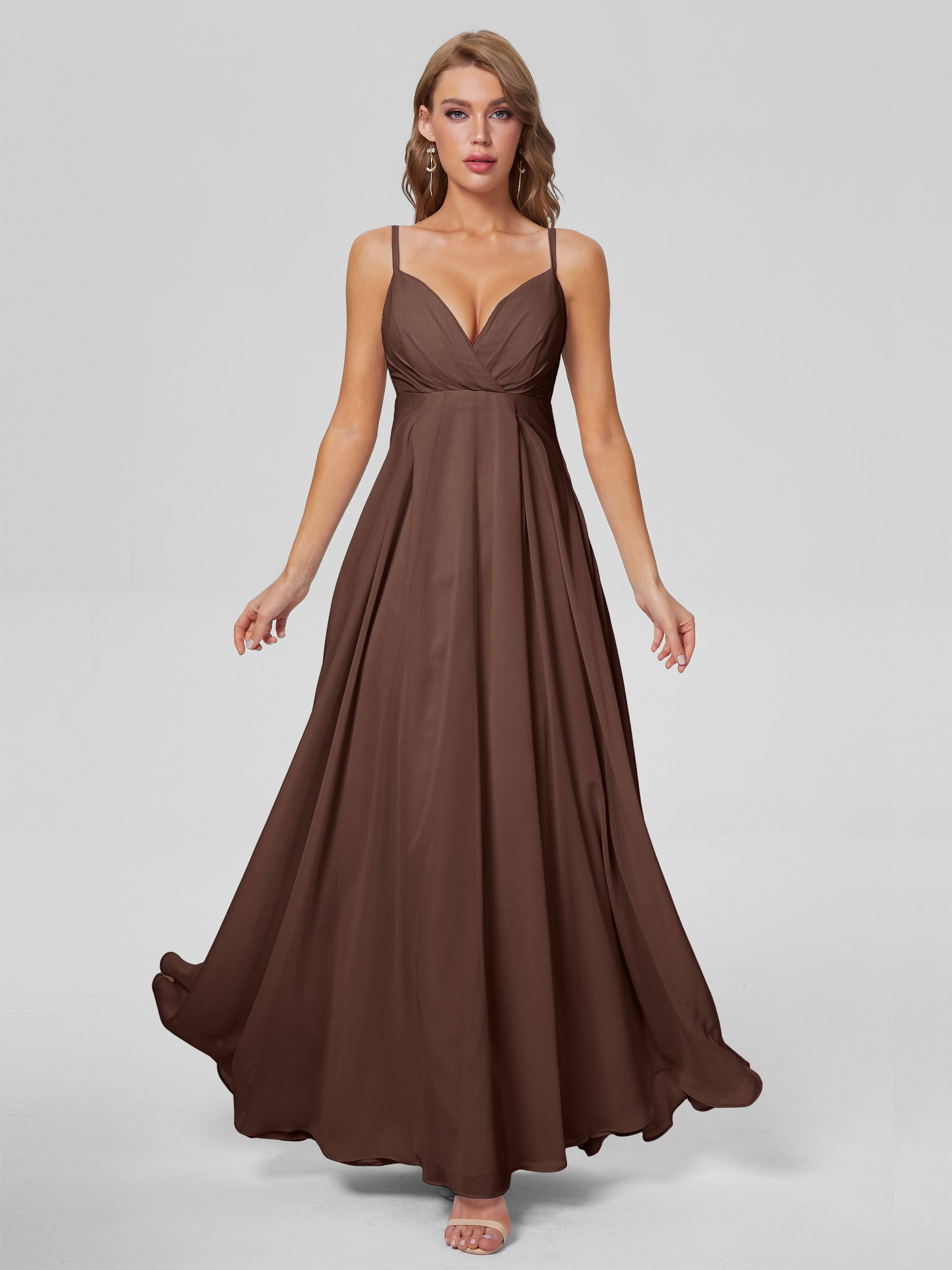 Robes De Demoiselle D'Honneur En Chocolat Classique Bretelles Spaghetti Mousseline Robes Demoiselle D'Honneur
