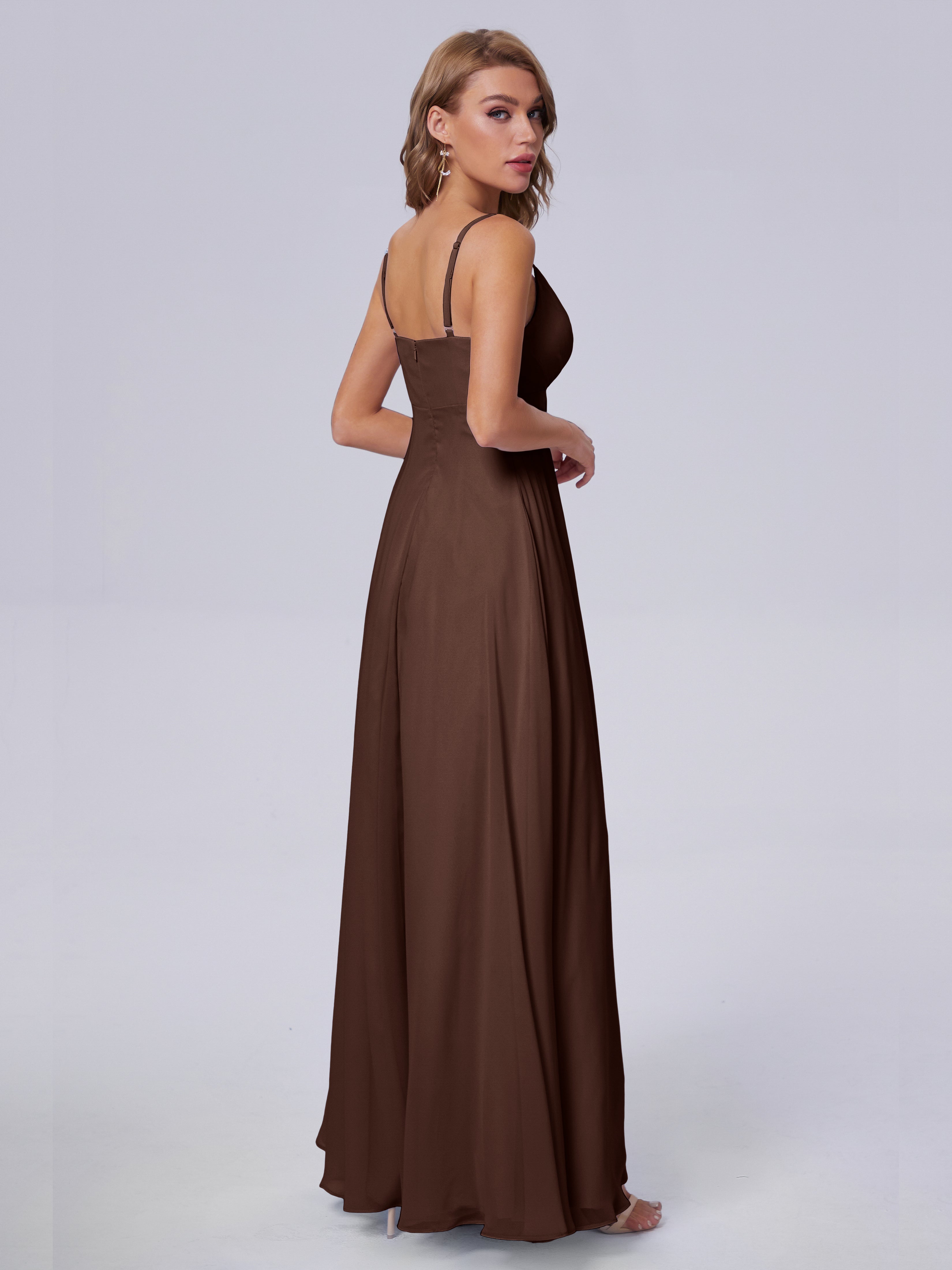 Robes De Demoiselle D'Honneur En Chocolat Classique Bretelles Spaghetti Mousseline Robes Demoiselle D'Honneur