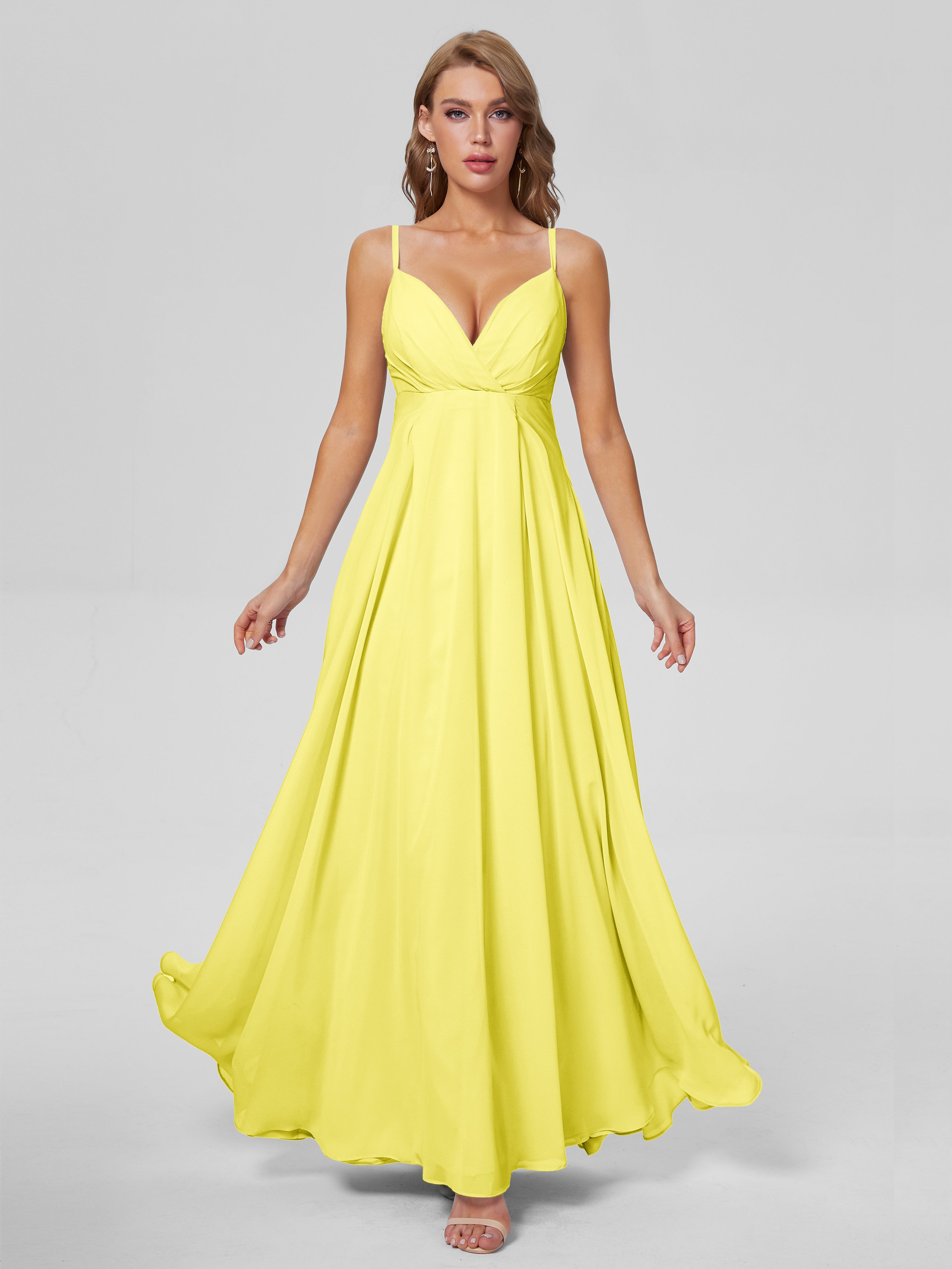 Robes De Demoiselle D'Honneur Citron Classique Bretelles Spaghetti Mousseline Robes Demoiselle D'Honneur