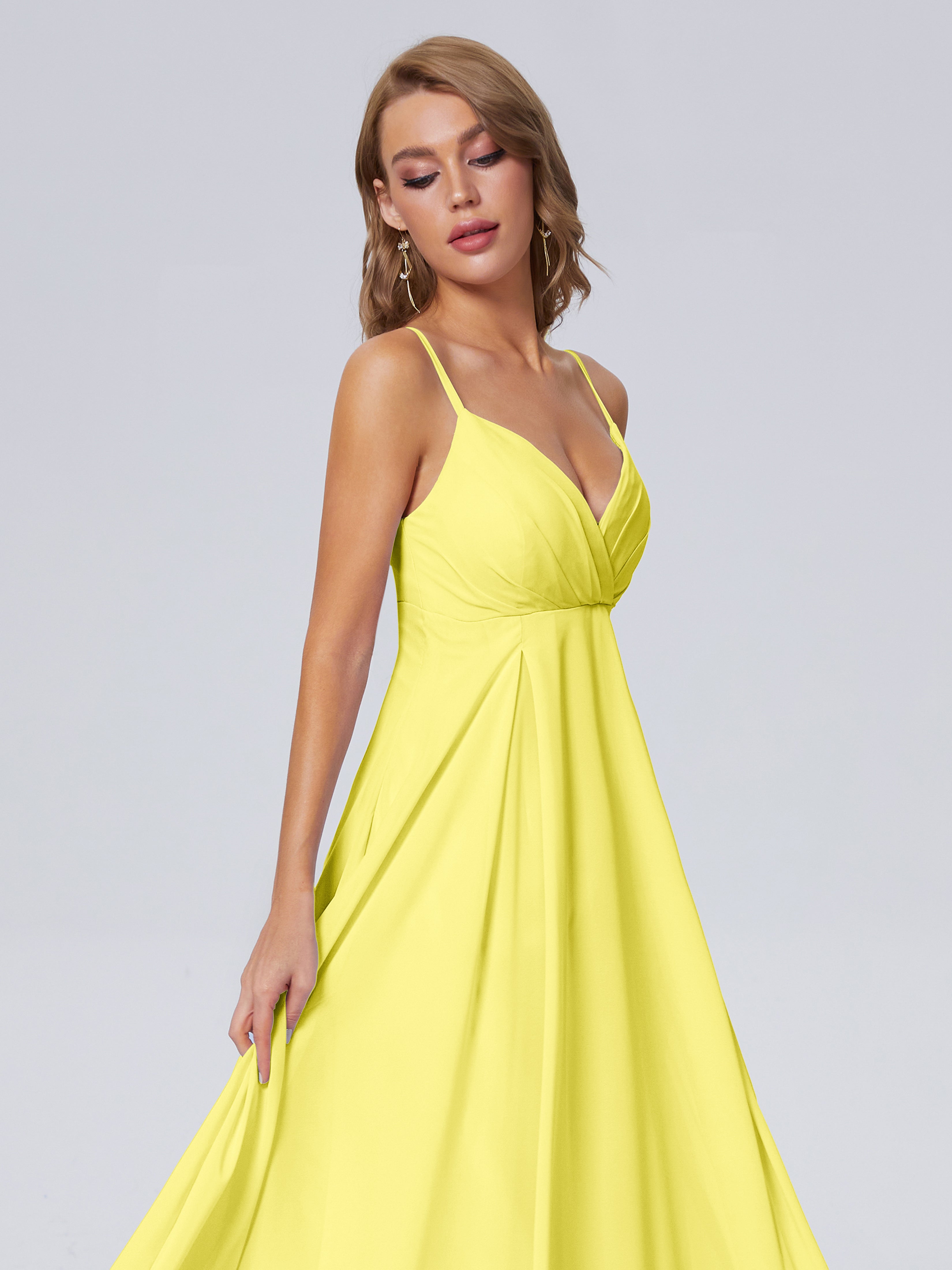 Robes De Demoiselle D'Honneur Citron Classique Bretelles Spaghetti Mousseline Robes Demoiselle D'Honneur