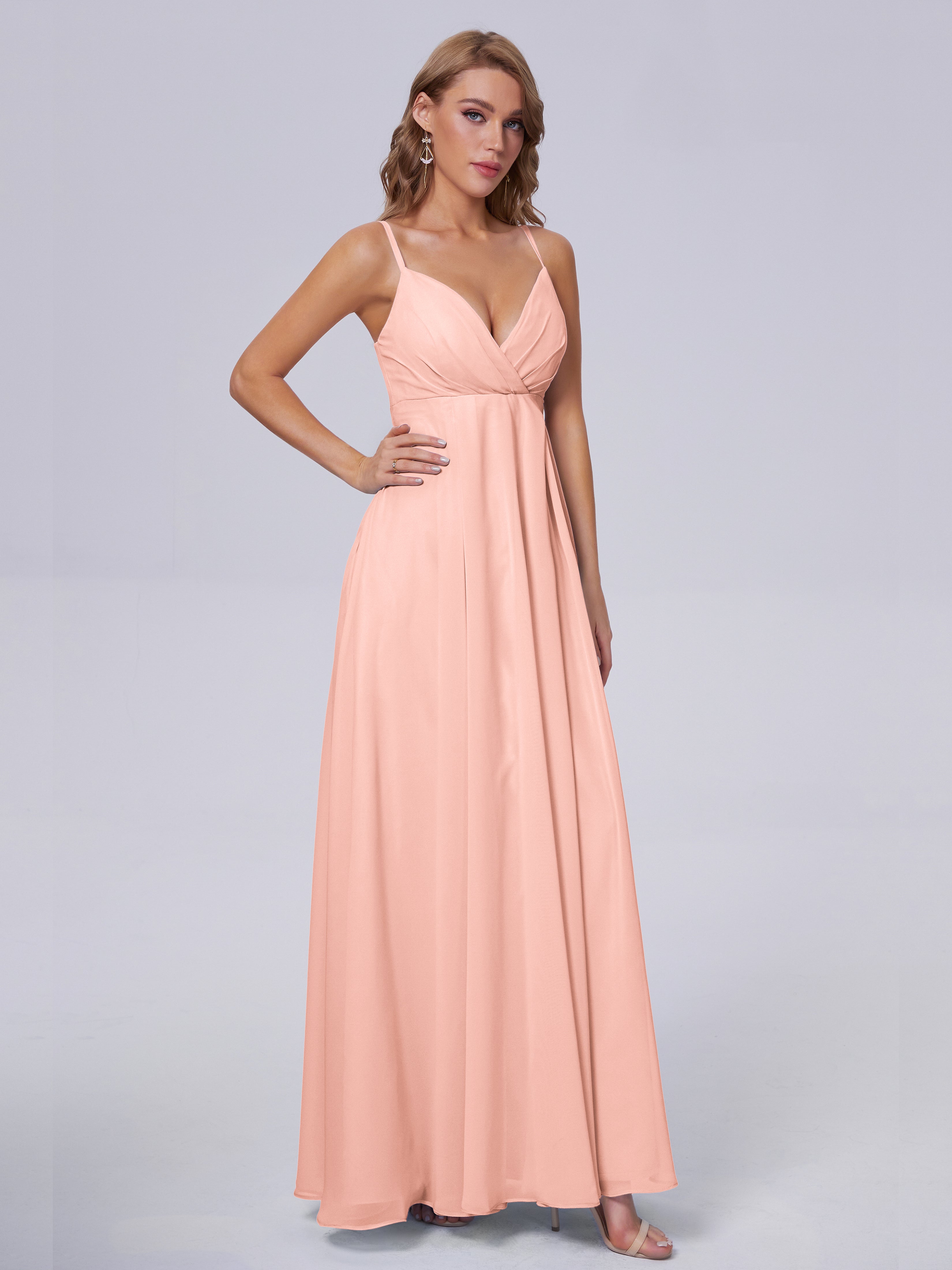 Robe Demoiselle D Honneur Couleur Corail Classique Bretelles Spaghetti Mousseline