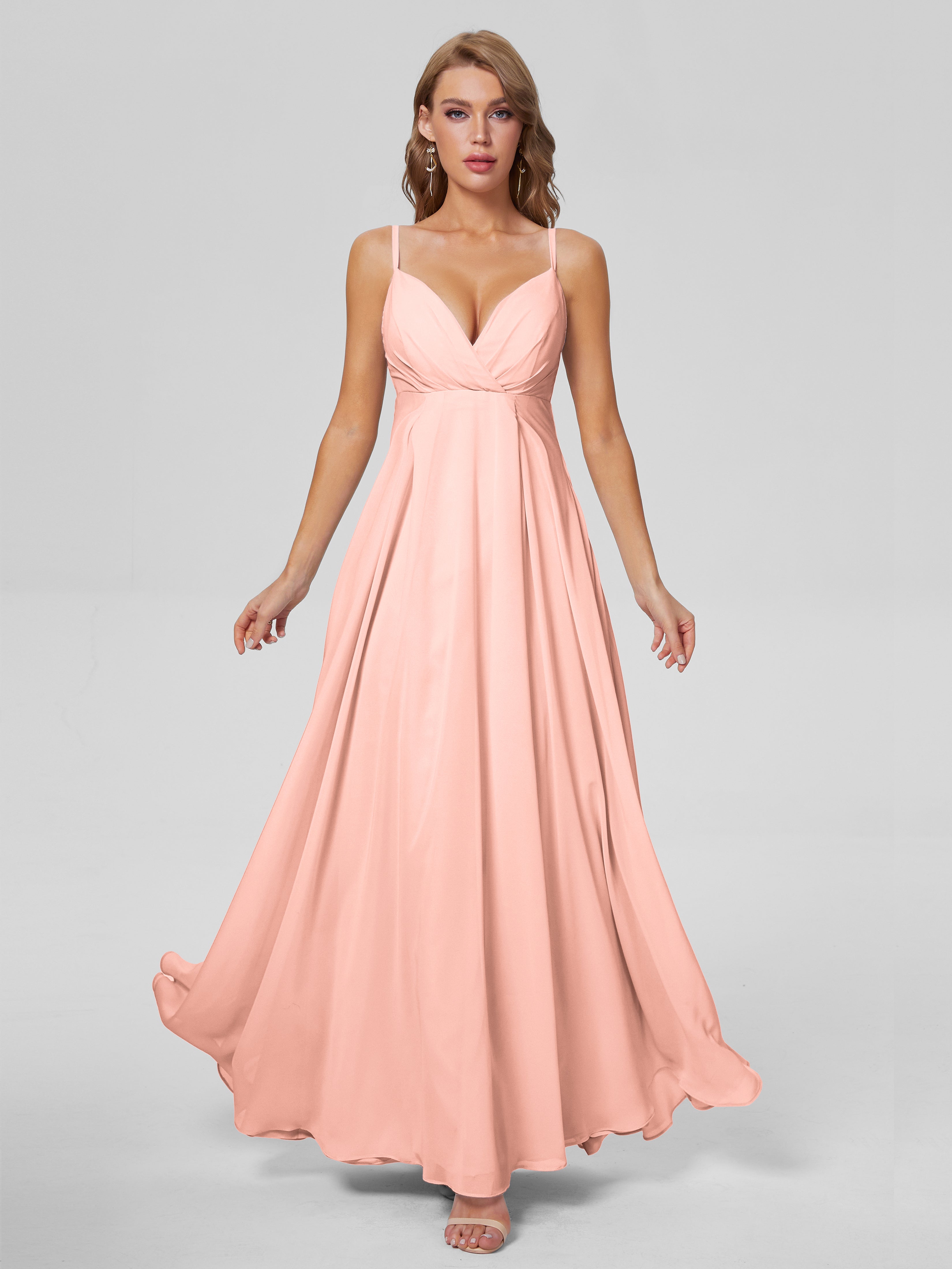 Robe Demoiselle D Honneur Couleur Corail Classique Bretelles Spaghetti Mousseline