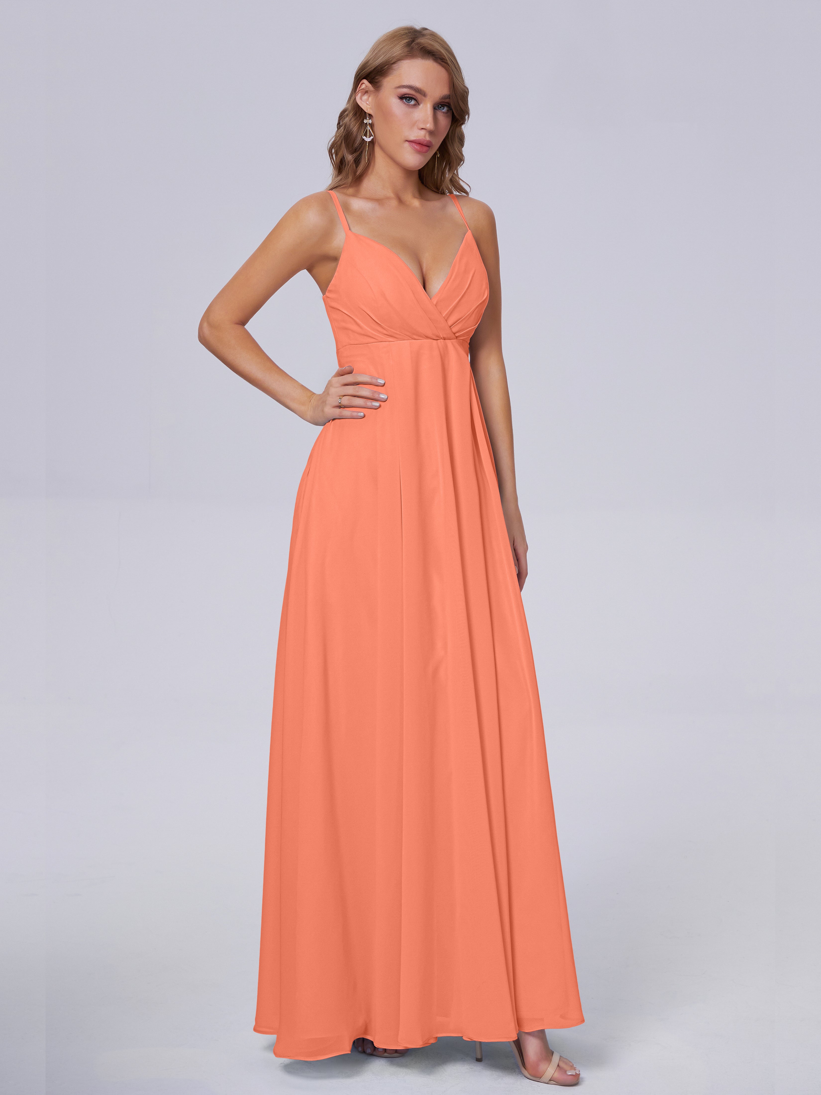Robes De Demoiselle D'Honneur Coucher De Soleil Classique Bretelles Spaghetti Mousseline Robes Demoiselle D'Honneur