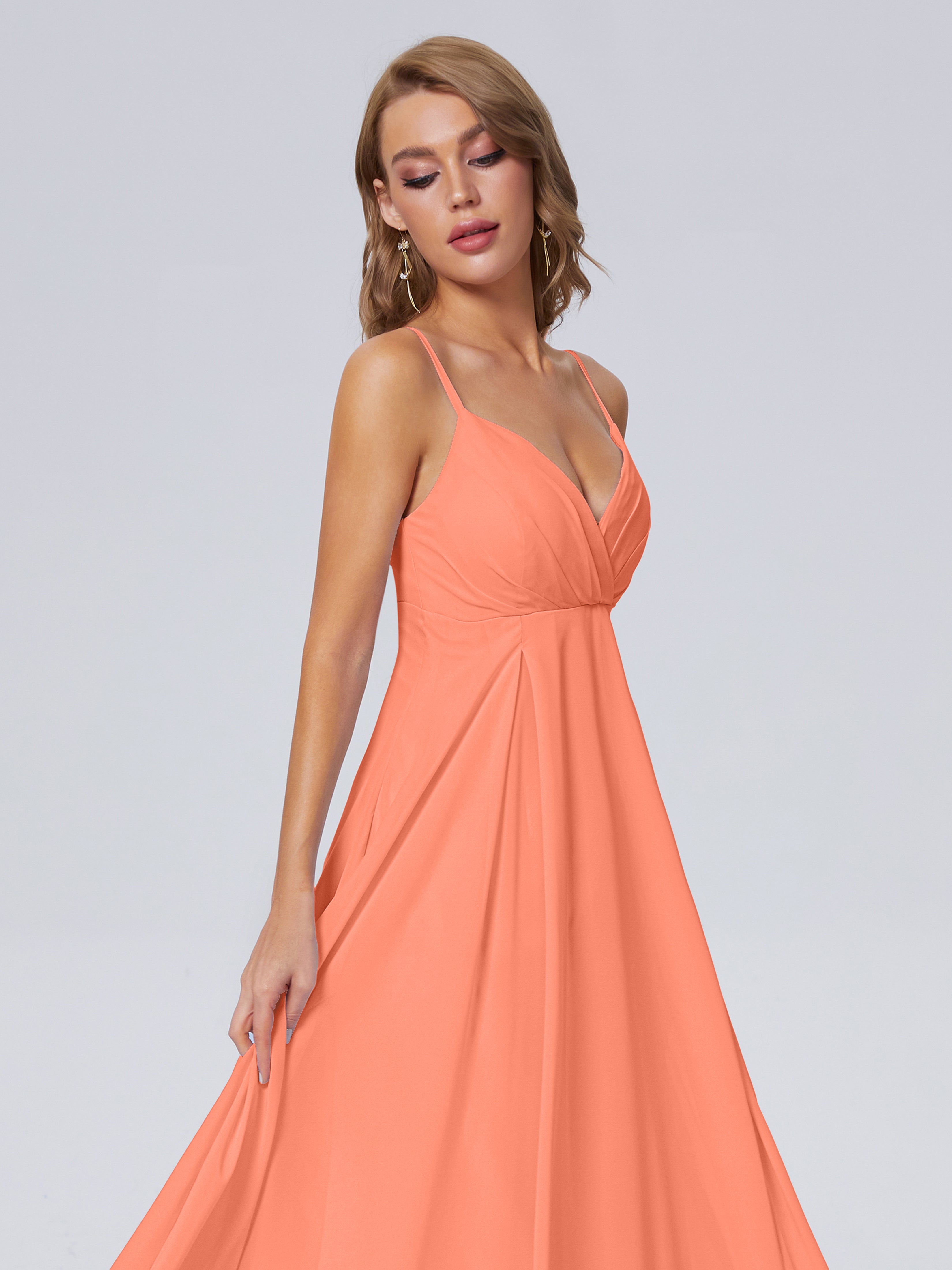 Robes De Demoiselle D'Honneur Coucher De Soleil Classique Bretelles Spaghetti Mousseline Robes Demoiselle D'Honneur
