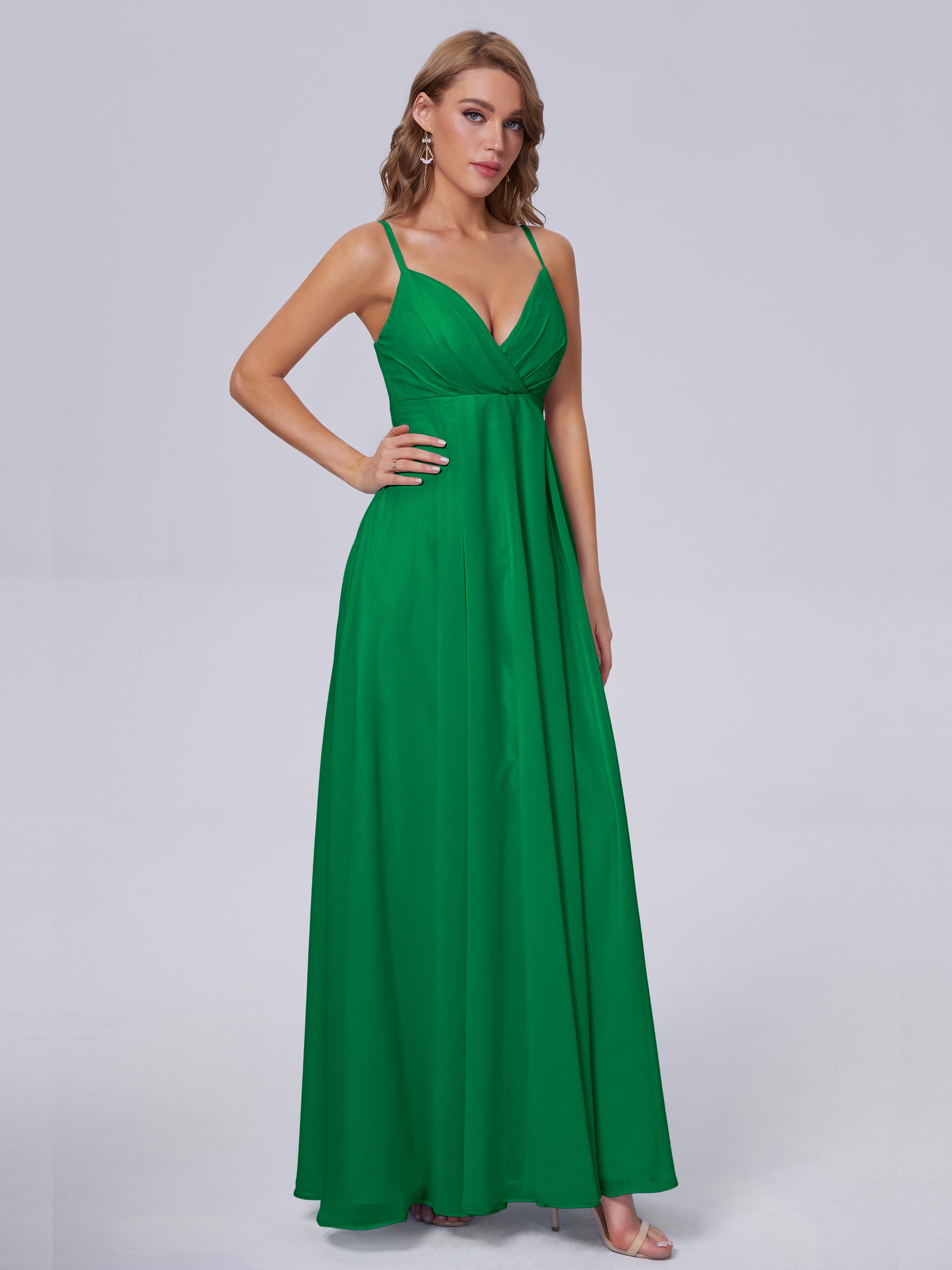 Robe Vert Emeraude Demoiselle D Honneur Classique Bretelles Spaghetti Mousseline Robes Demoiselle D'Honneur