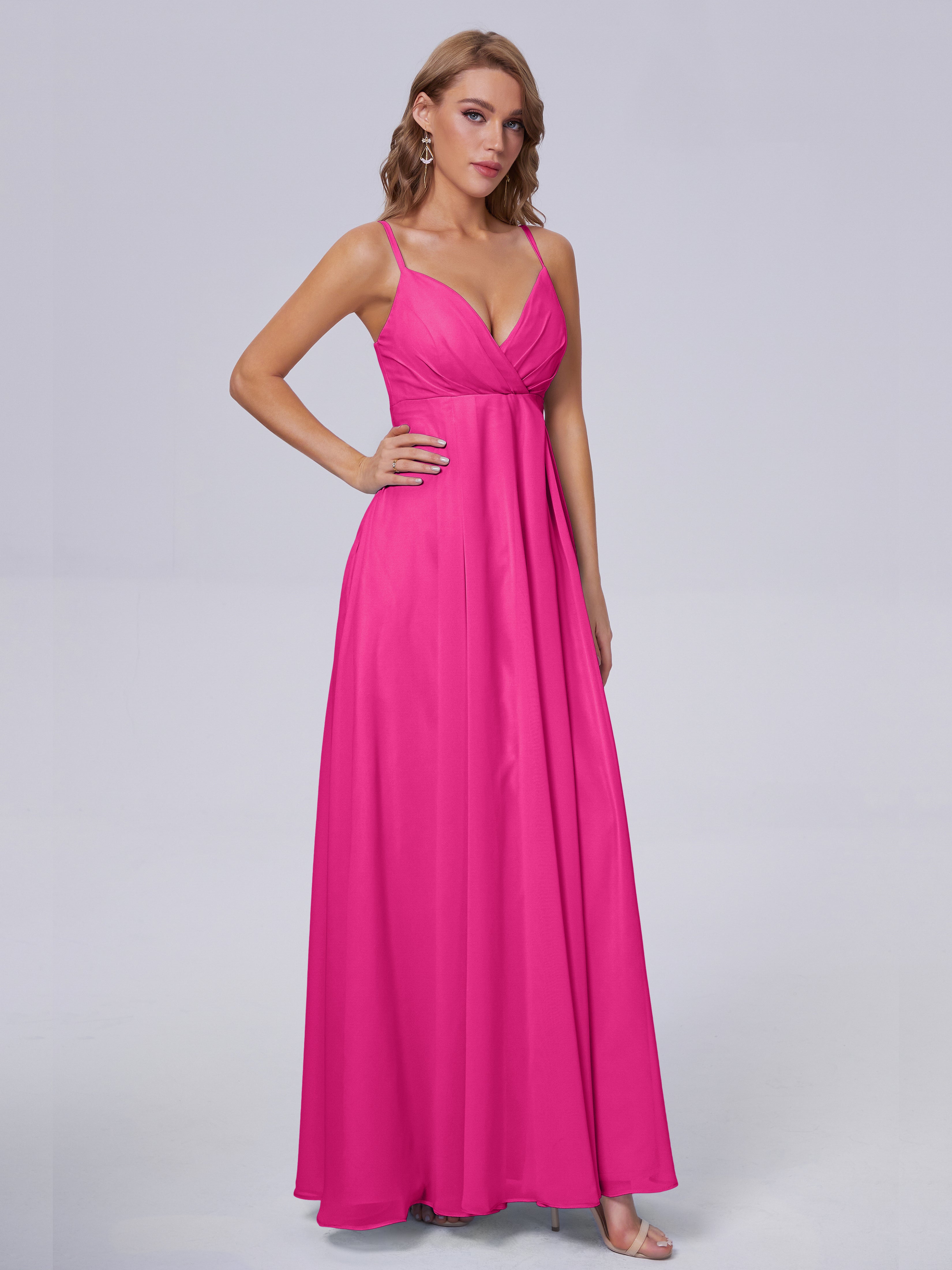 Robe Demoiselle D Honneur Rose Fuchsia Classique Bretelles Spaghetti Mousseline Robes Demoiselle D'Honneur