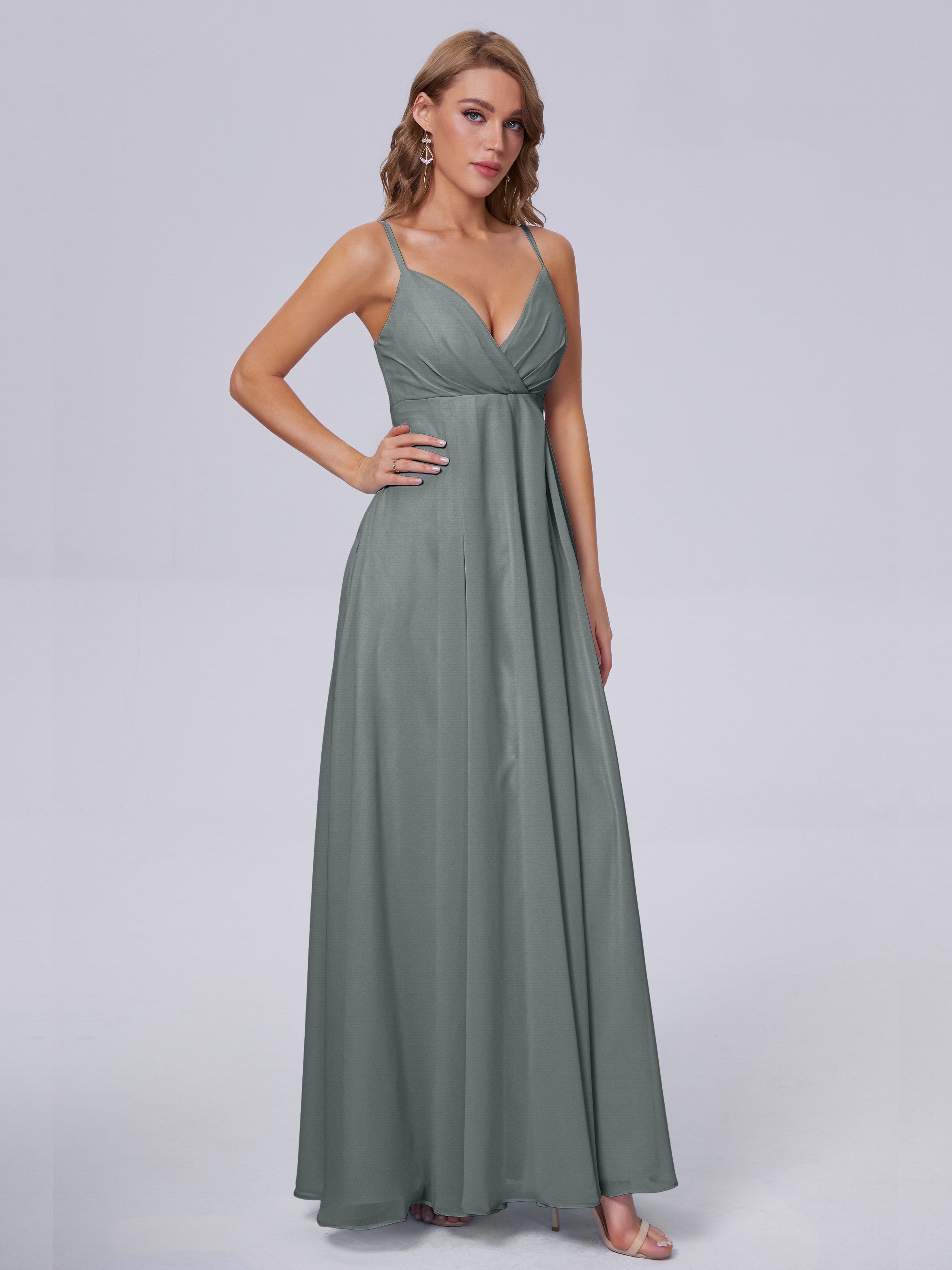 Robe Demoiselle D Honneur Gris Classique Bretelles Spaghetti Mousseline Robes Demoiselle D'Honneur