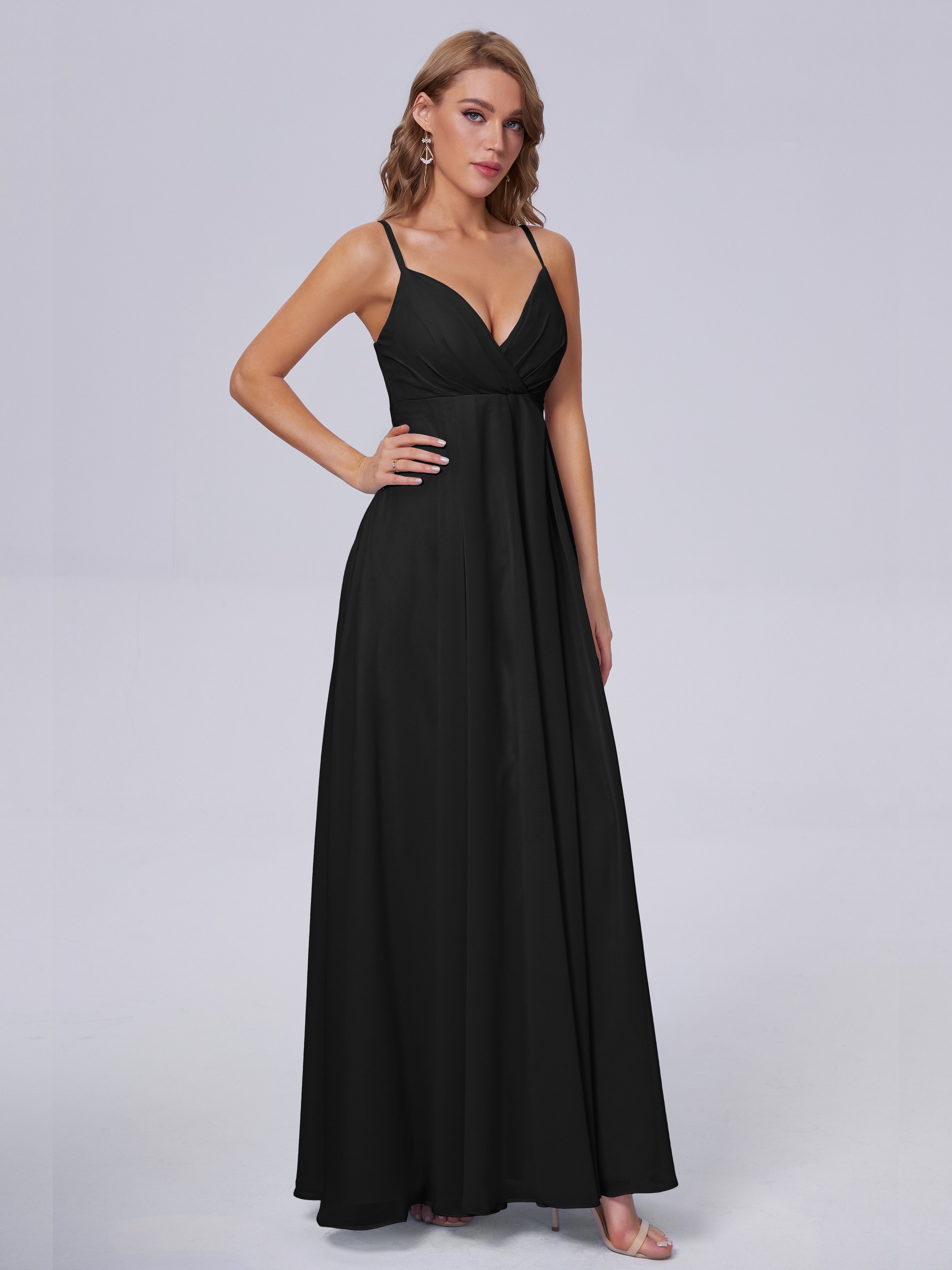 Demoiselle D Honneur Robe Noir Classique Bretelles Spaghetti Mousseline Robes Demoiselle D'Honneur