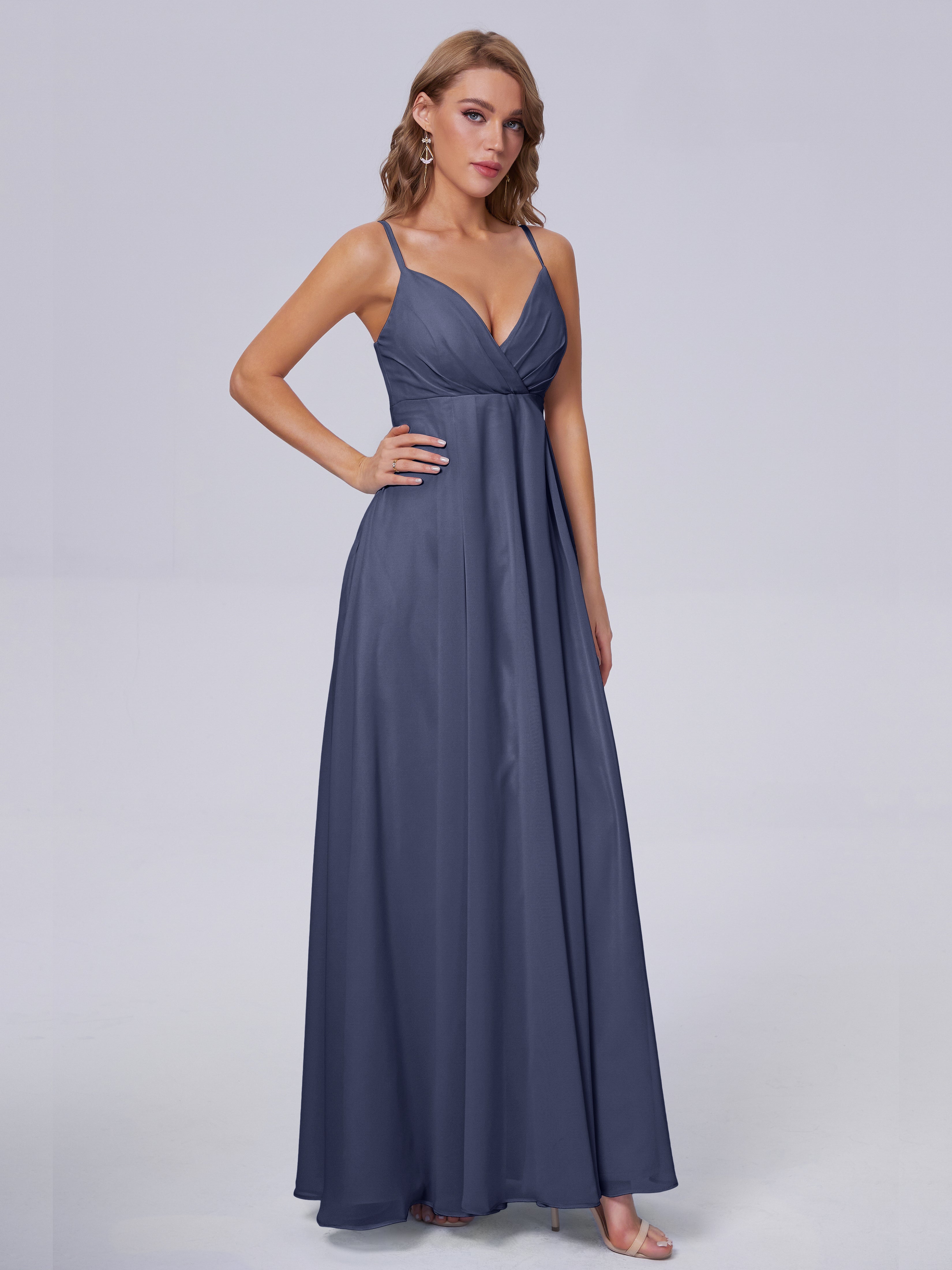 Robes De Demoiselle D'Honneur Bleu Orageux Classique Bretelles Spaghetti Mousseline Robes Demoiselle D'Honneur