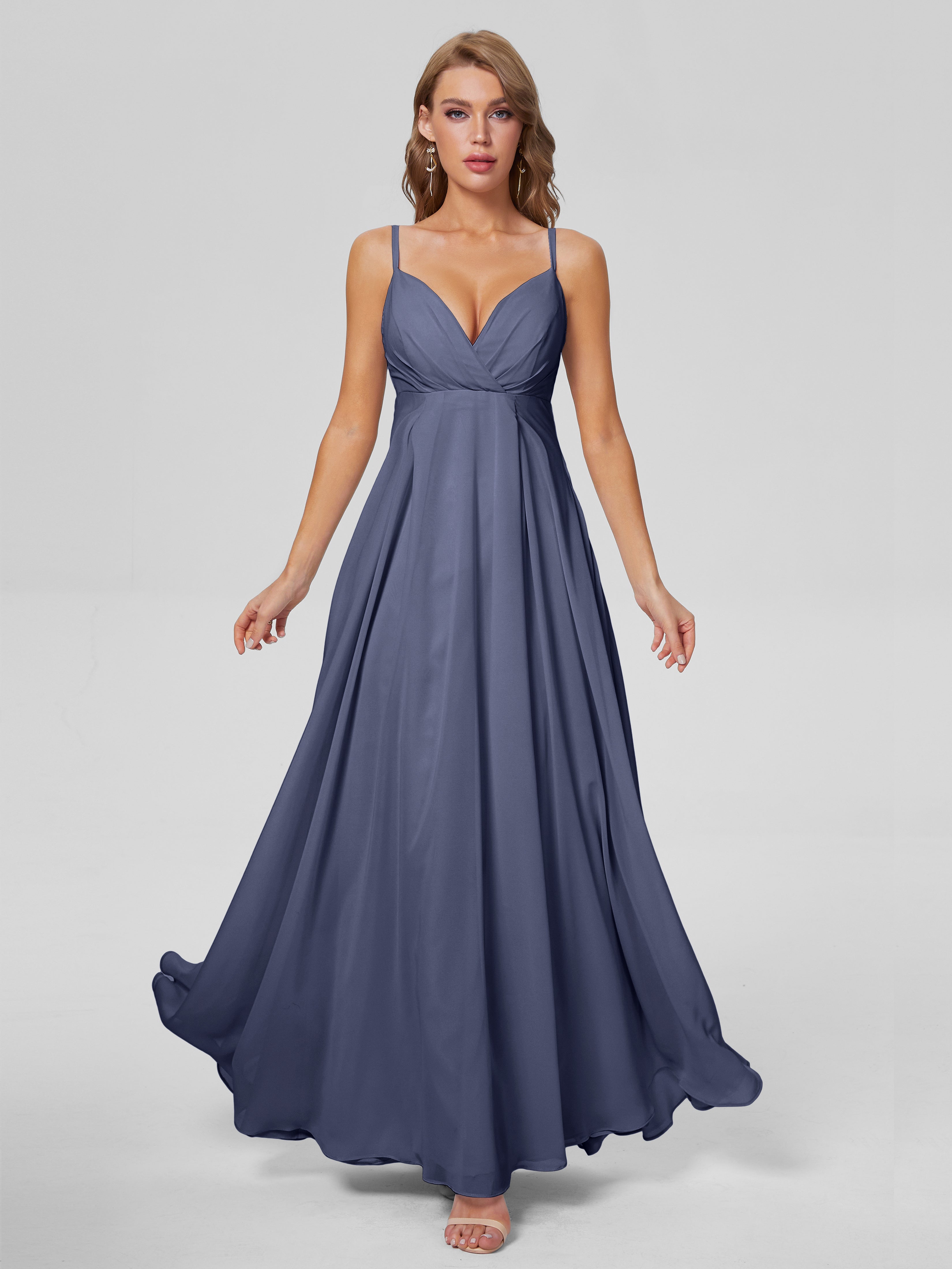 Robes De Demoiselle D'Honneur Bleu Orageux Classique Bretelles Spaghetti Mousseline Robes Demoiselle D'Honneur