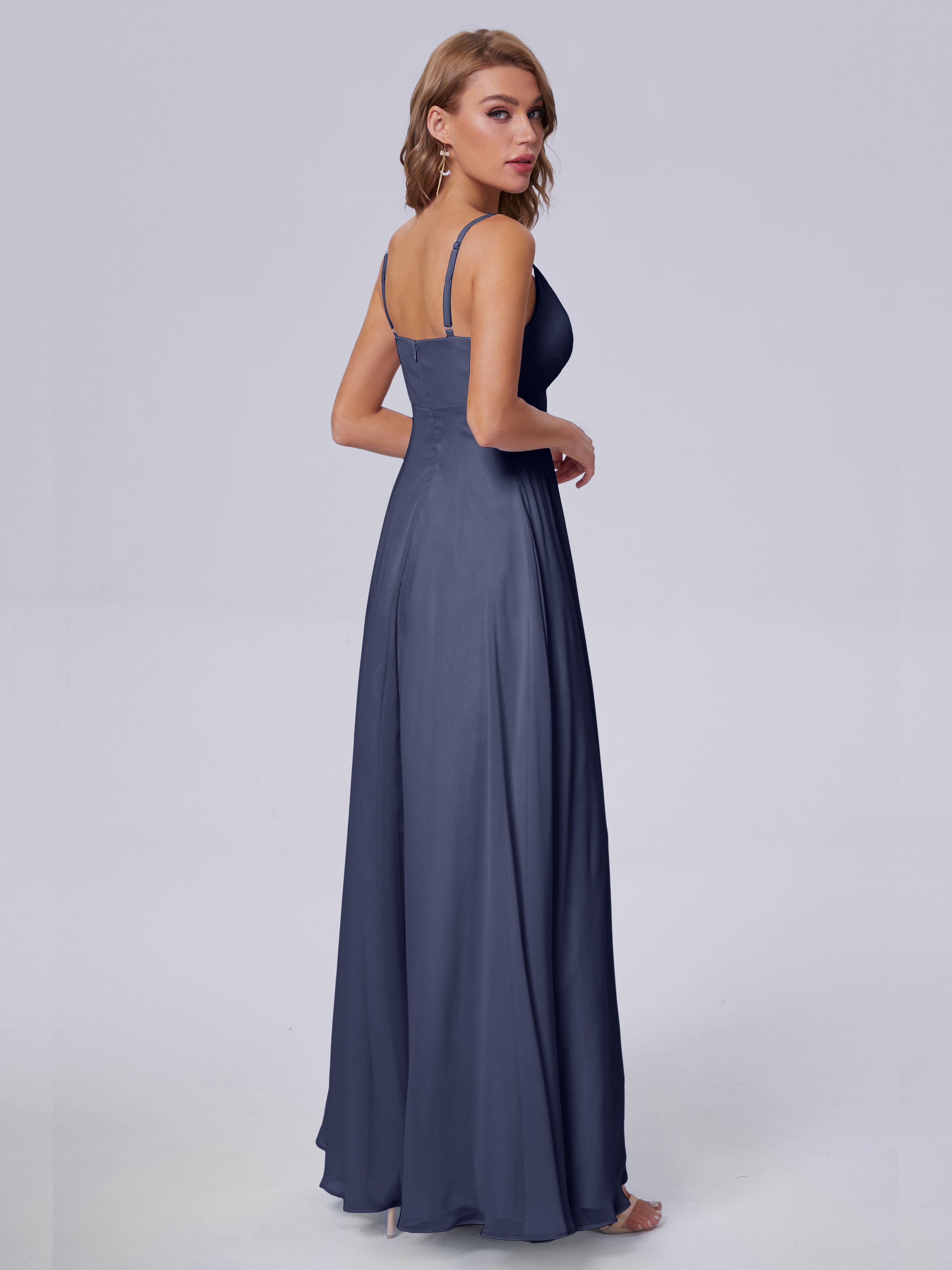 Robes De Demoiselle D'Honneur Bleu Orageux Classique Bretelles Spaghetti Mousseline Robes Demoiselle D'Honneur