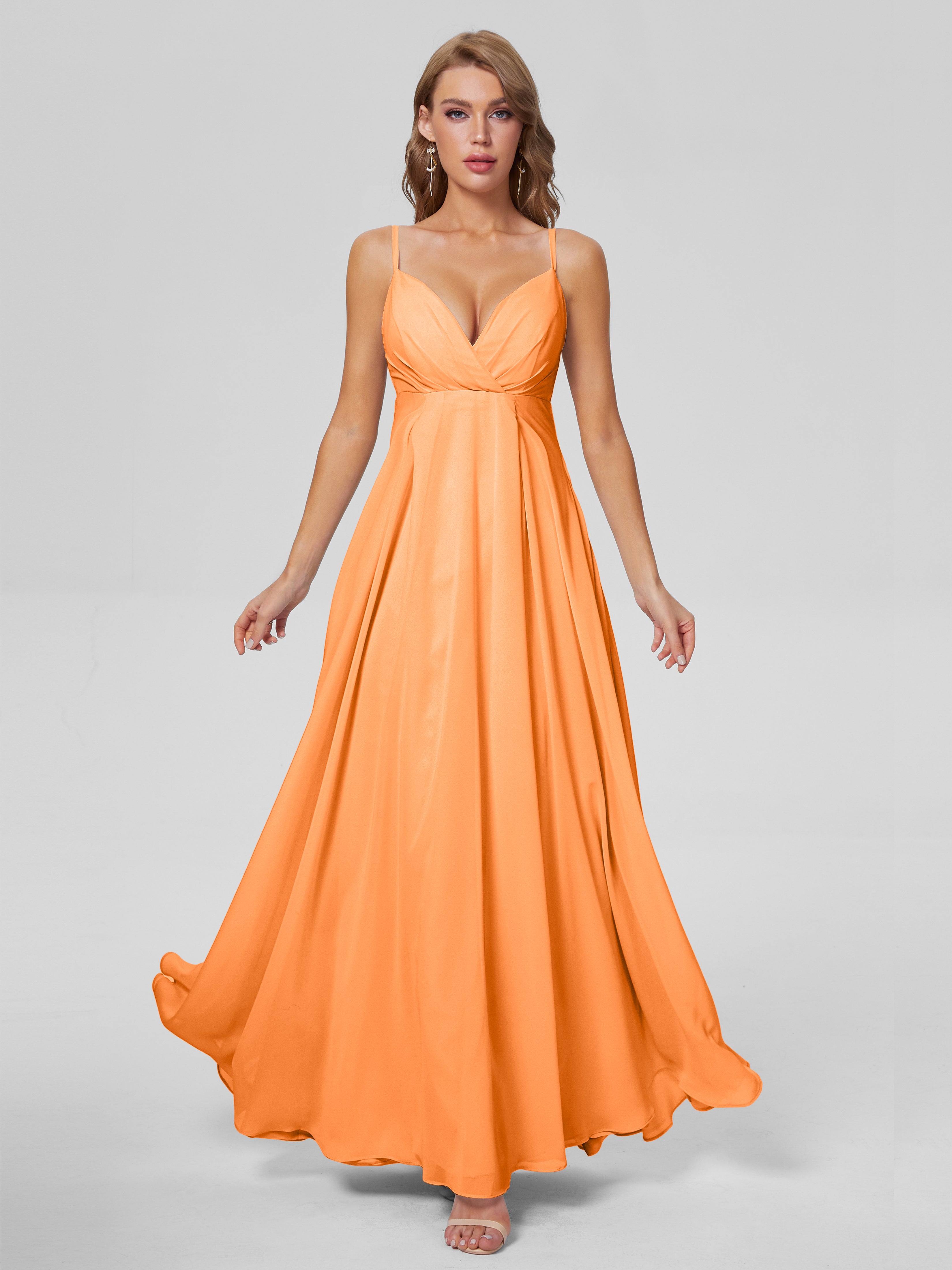 Robe Mousseline Orange Classique Bretelles Spaghetti Mousseline Robes Demoiselle D'Honneur