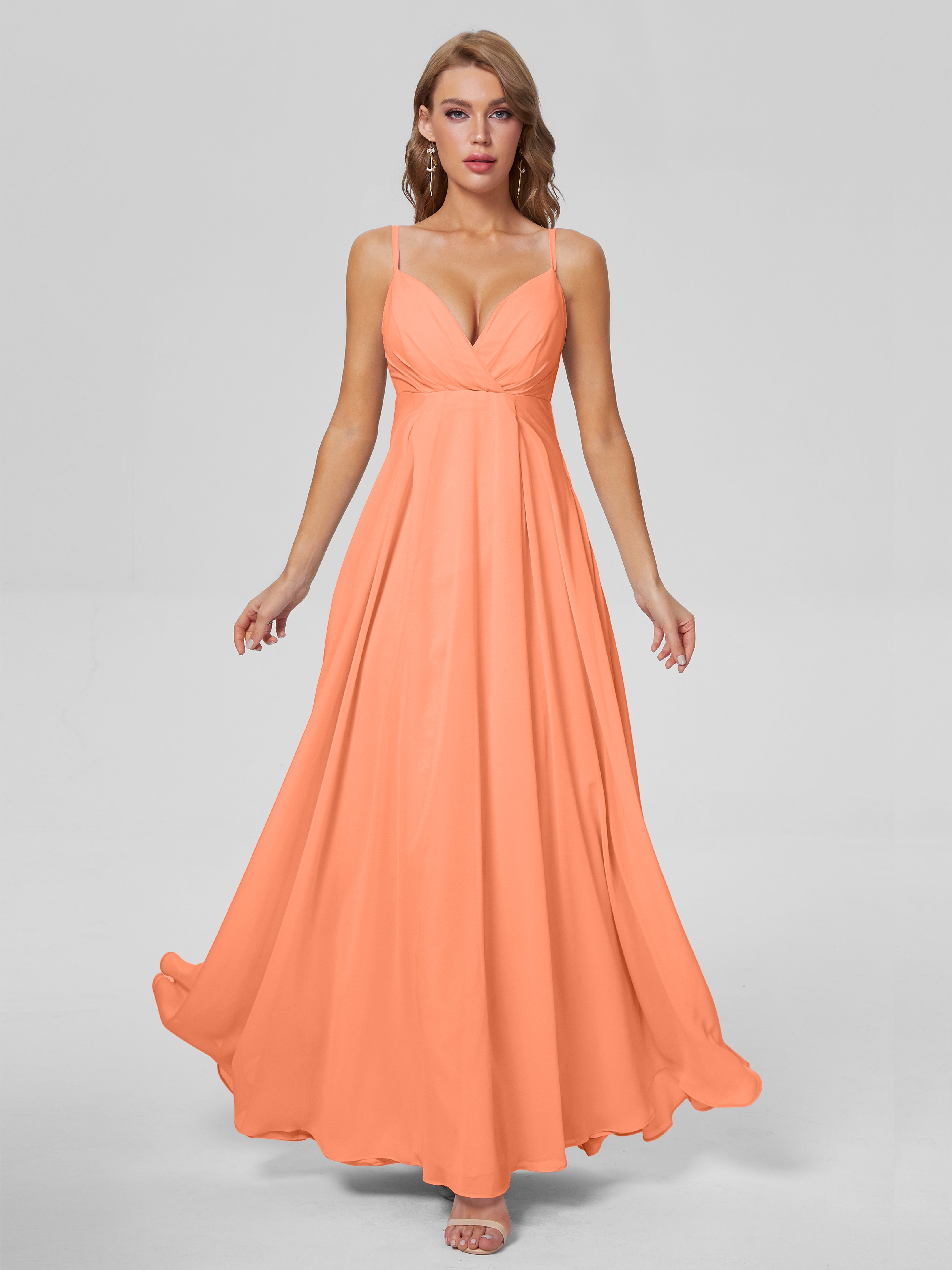 Robes De Demoiselle D'Honneur Papaye Classique Bretelles Spaghetti Mousseline Robes Demoiselle D'Honneur