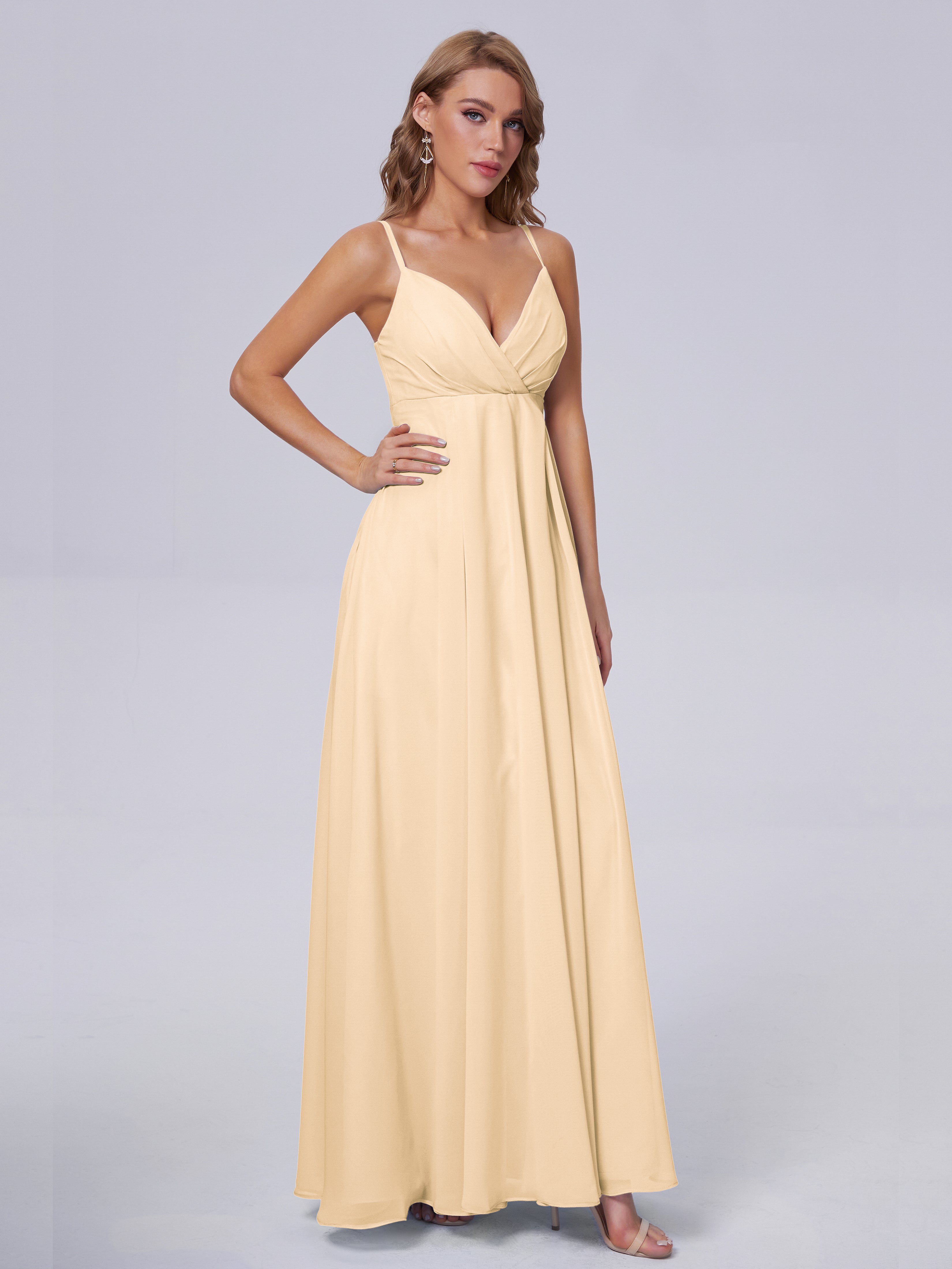 Robe De Demoiselle D Honneur Peche Classique Bretelles Spaghetti Mousseline Robes Demoiselle D'Honneur
