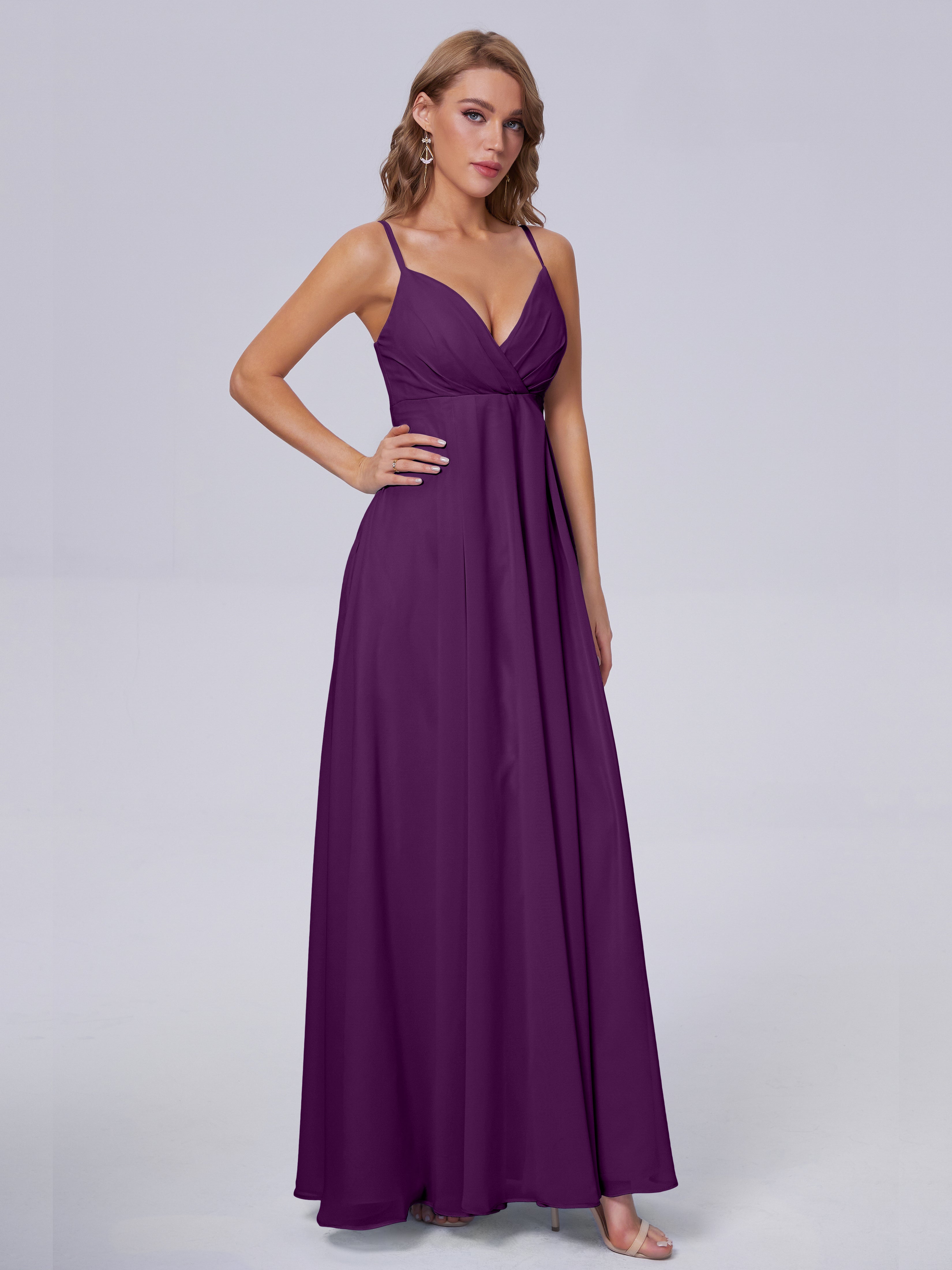 Robes De Demoiselle D'Honneur En Raisin Classique Bretelles Spaghetti Mousseline Robes Demoiselle D'Honneur