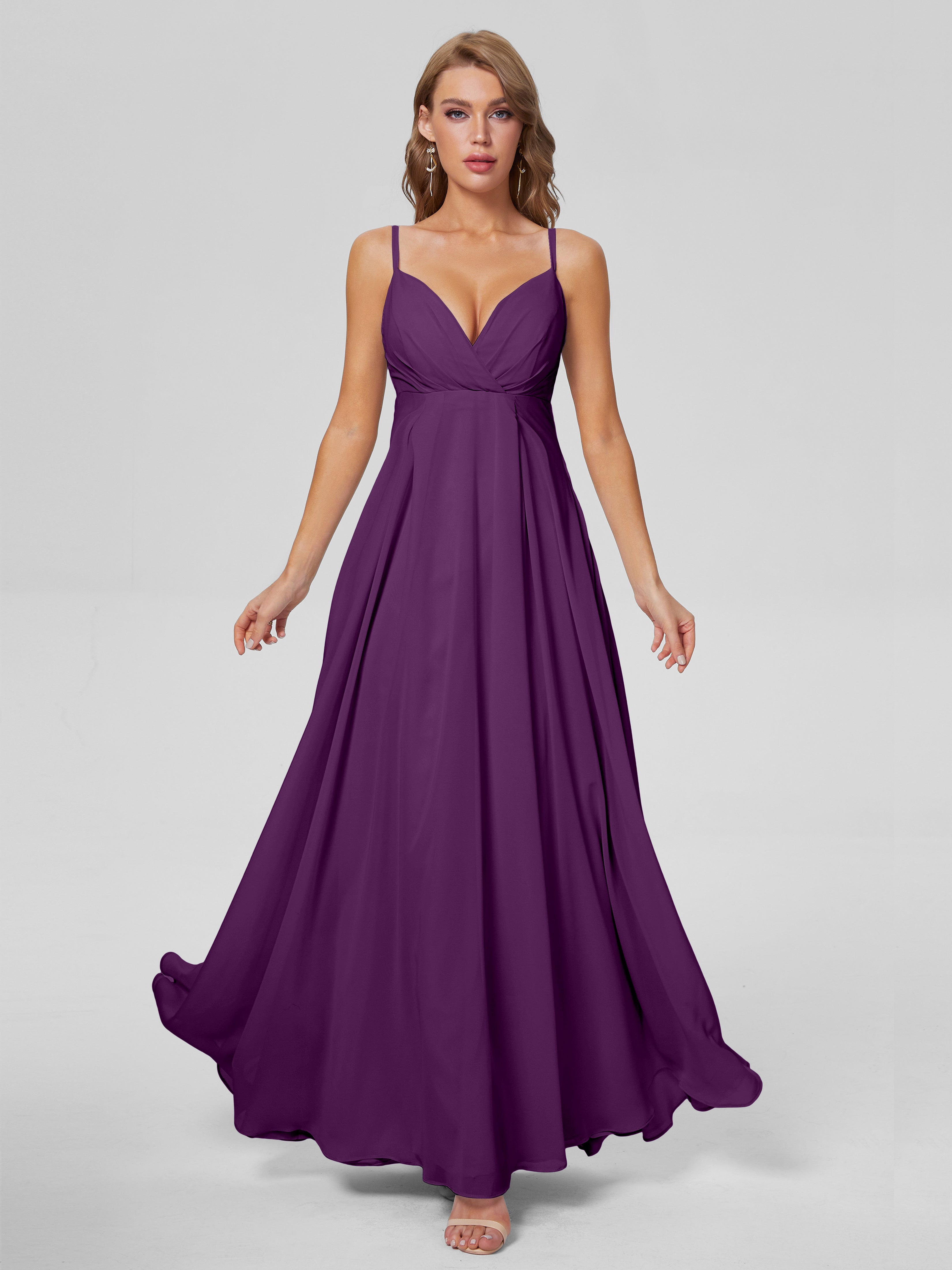 Robes De Demoiselle D'Honneur En Raisin Classique Bretelles Spaghetti Mousseline Robes Demoiselle D'Honneur