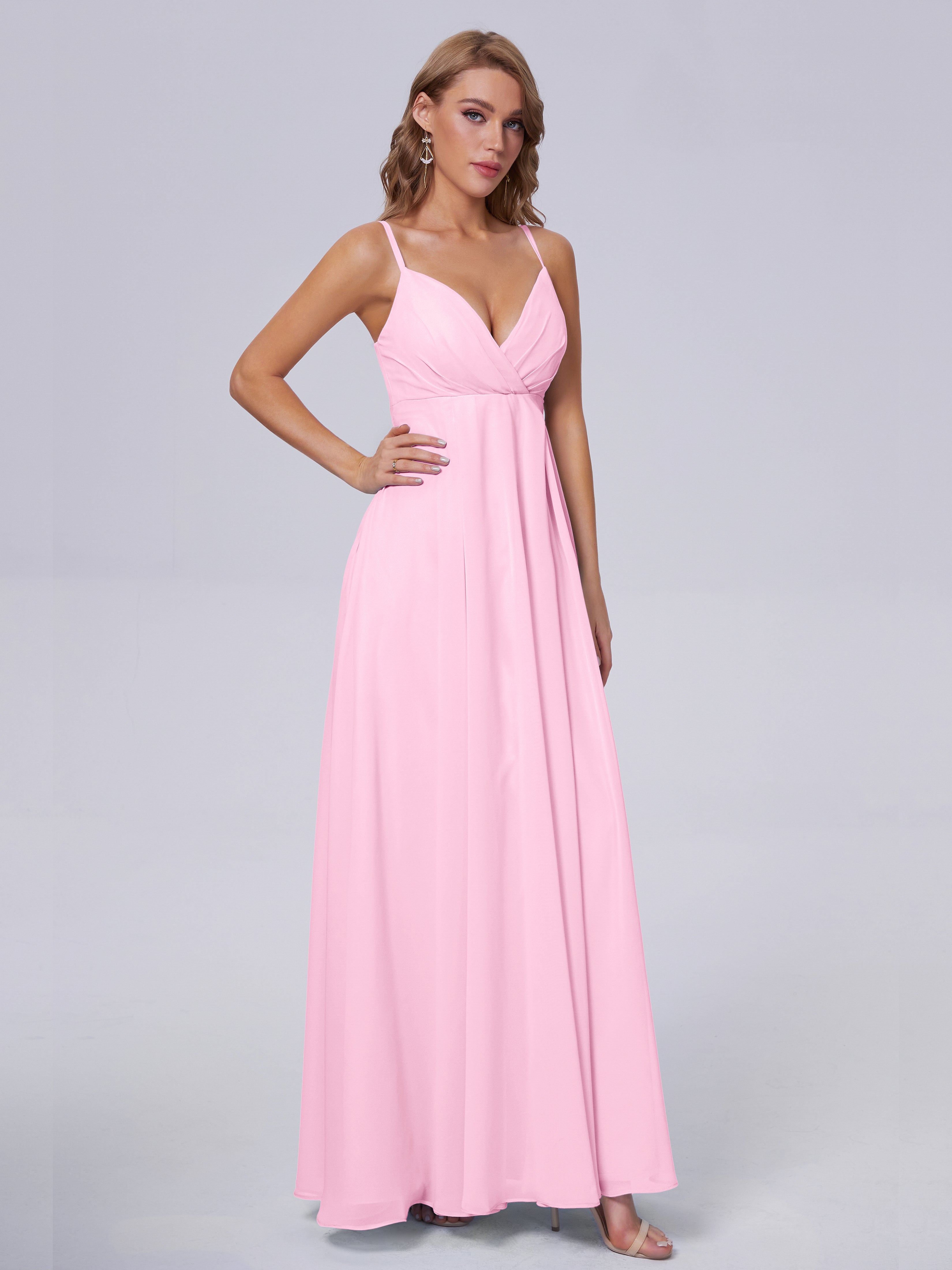 Robes De Demoiselle D'Honneur Rose Bonbon Classique Bretelles Spaghetti Mousseline Robes Demoiselle D'Honneur