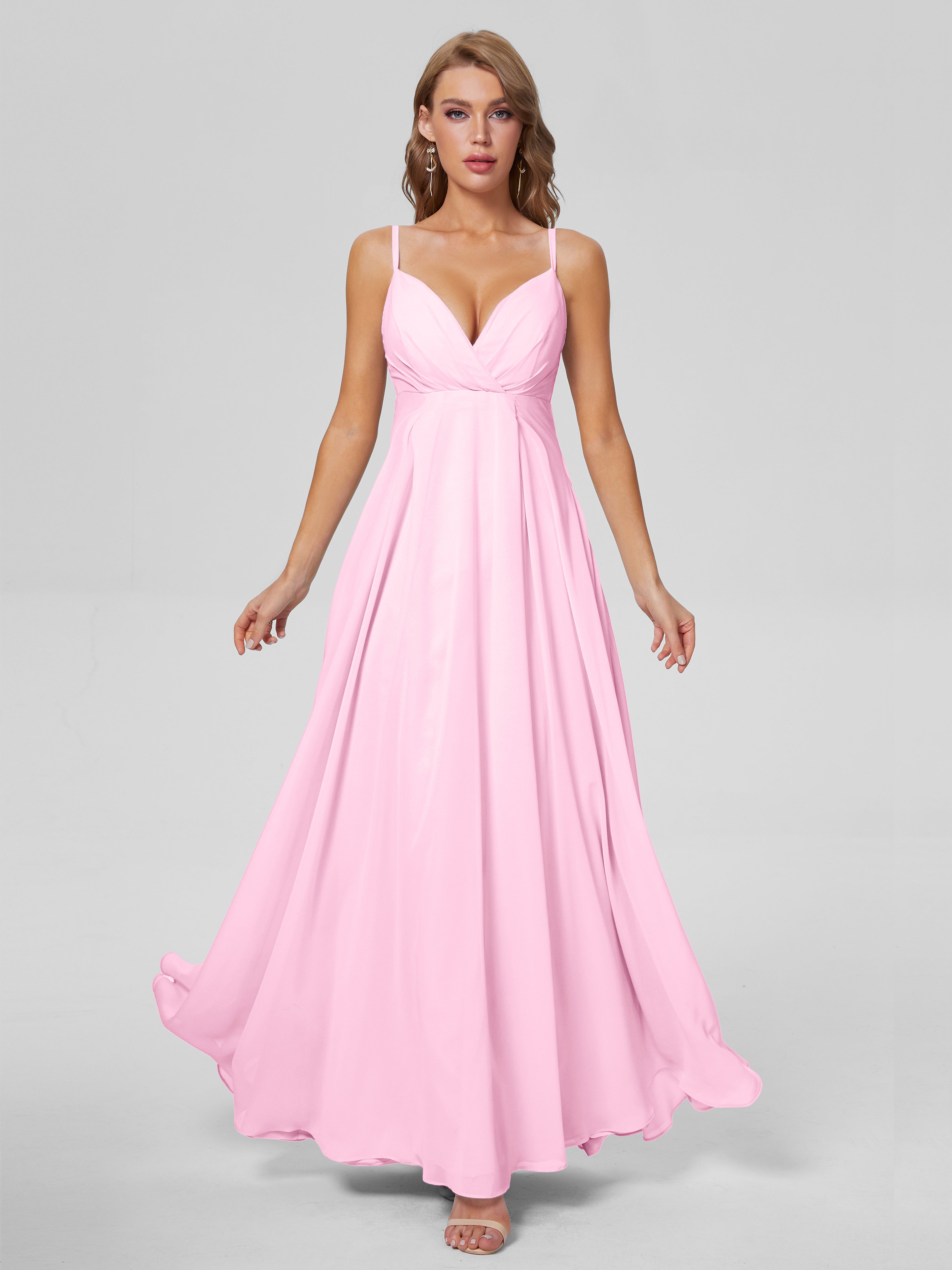 Robes De Demoiselle D'Honneur Rose Bonbon Classique Bretelles Spaghetti Mousseline Robes Demoiselle D'Honneur