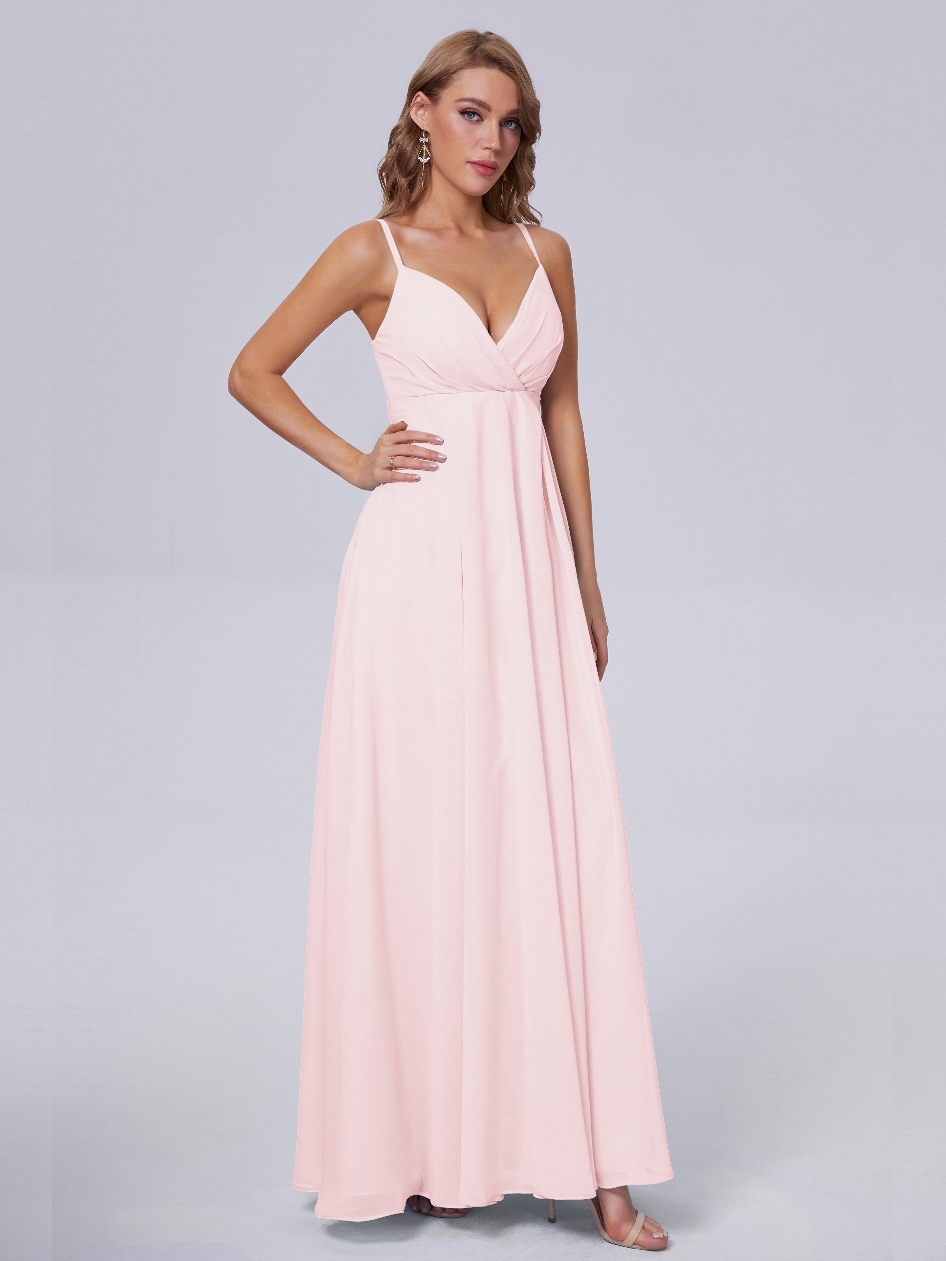 Robes Demoiselles D Honneur Rose Pale Classique Bretelles Spaghetti Mousseline Robes Demoiselle D'Honneur