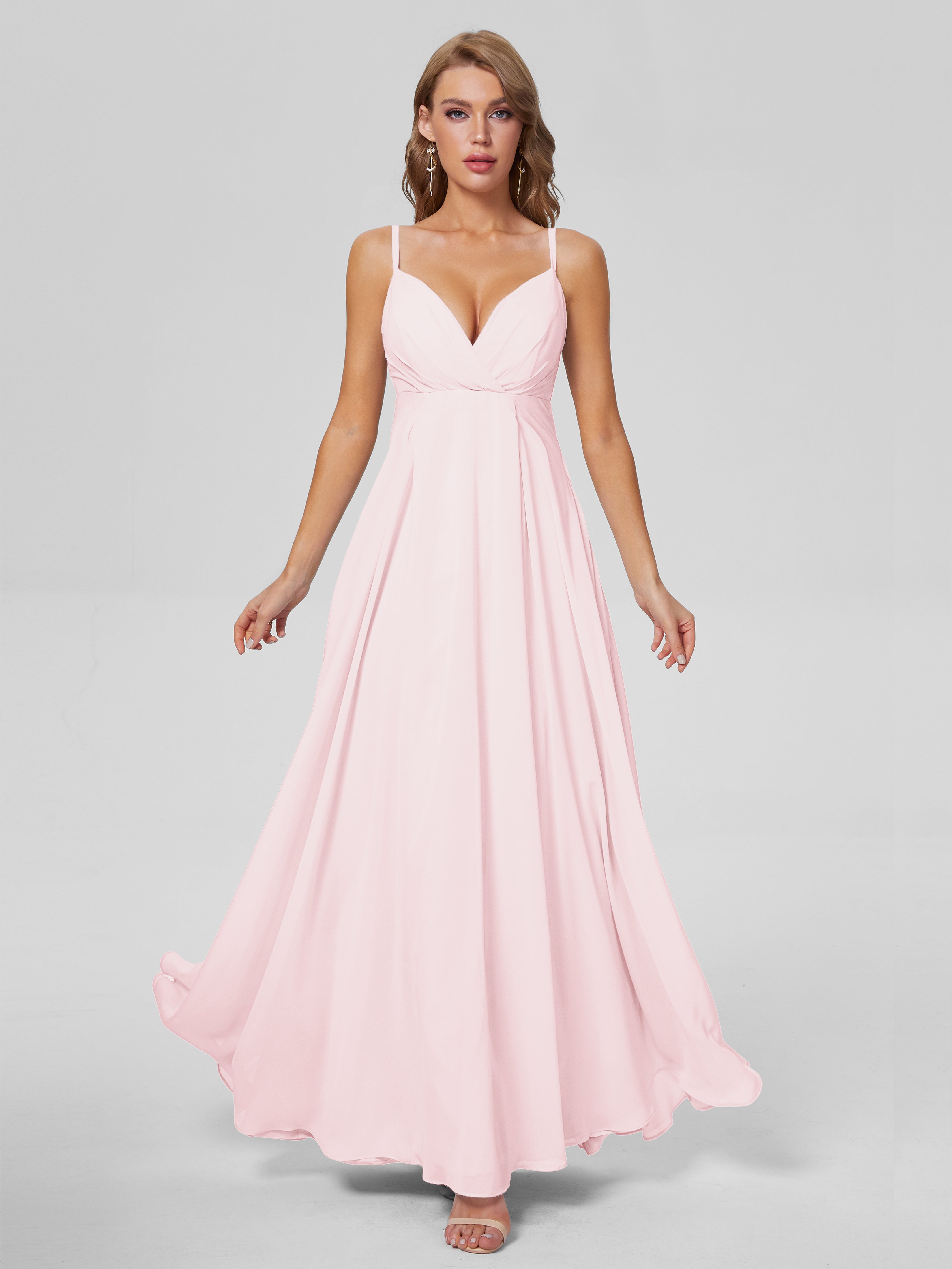 Robes Demoiselles D Honneur Rose Pale Classique Bretelles Spaghetti Mousseline Robes Demoiselle D'Honneur