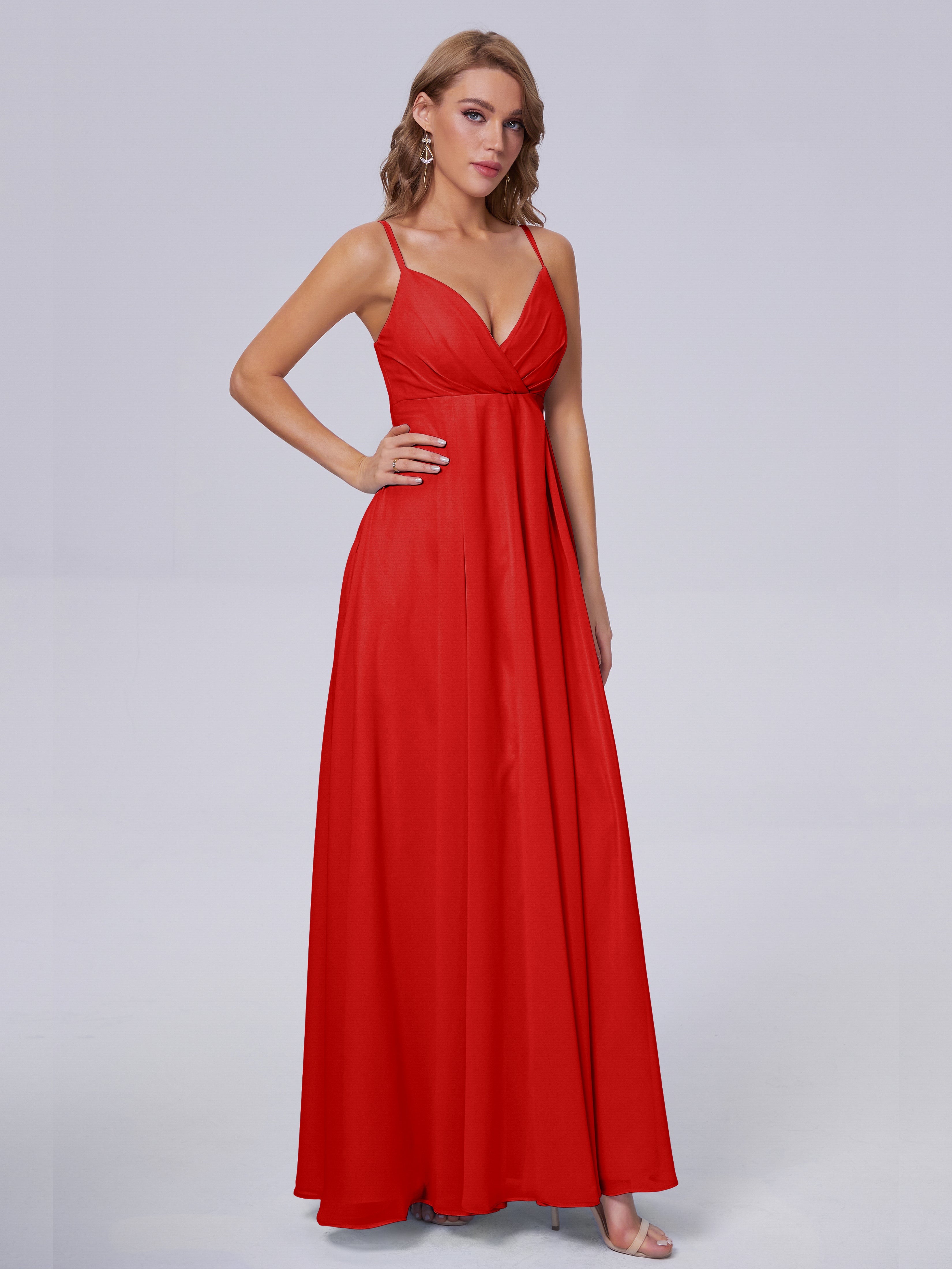 Robe Rouge Mariage Demoiselle D Honneur Classique Bretelles Spaghetti Mousseline Robes Demoiselle D'Honneur