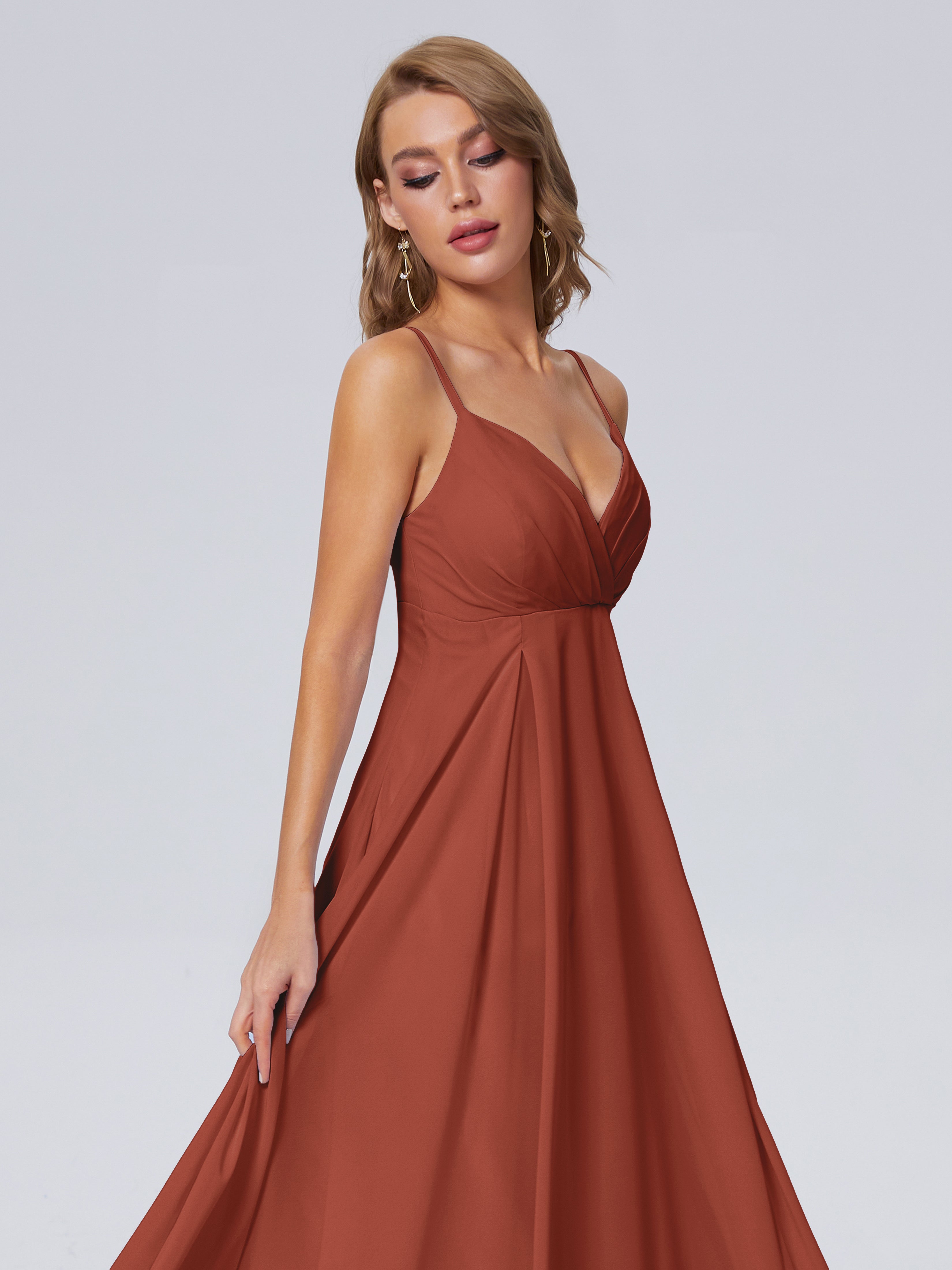 Robe Rouille Demoiselle D Honneur Classique Bretelles Spaghetti Mousseline Robes Demoiselle D'Honneur