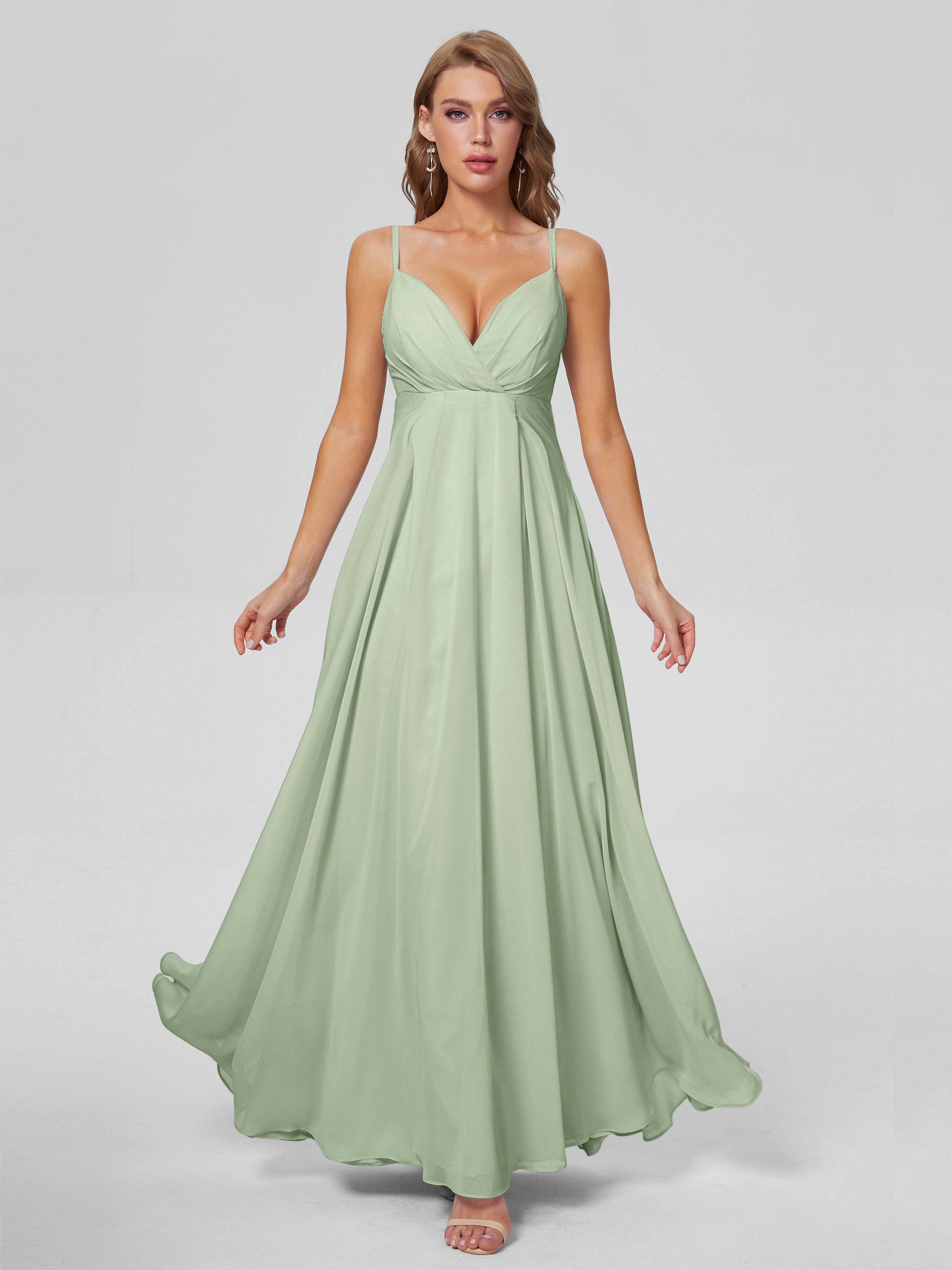 Robes De Demoiselle D'Honneur Vert Sauge Poussiéreux Classique Bretelles Spaghetti Mousseline