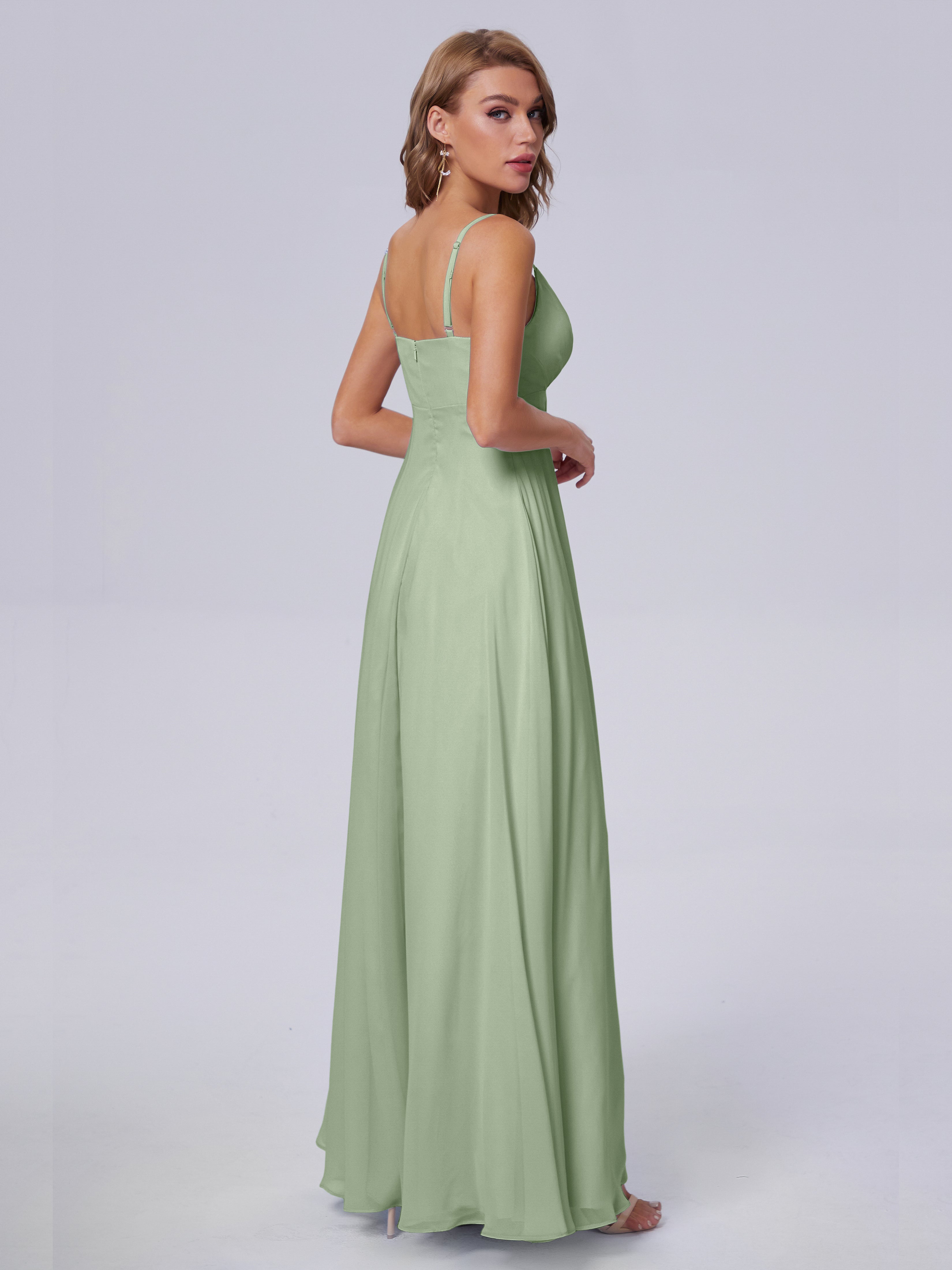 Robes De Demoiselle D'Honneur Vert Sauge Poussiéreux Classique Bretelles Spaghetti Mousseline