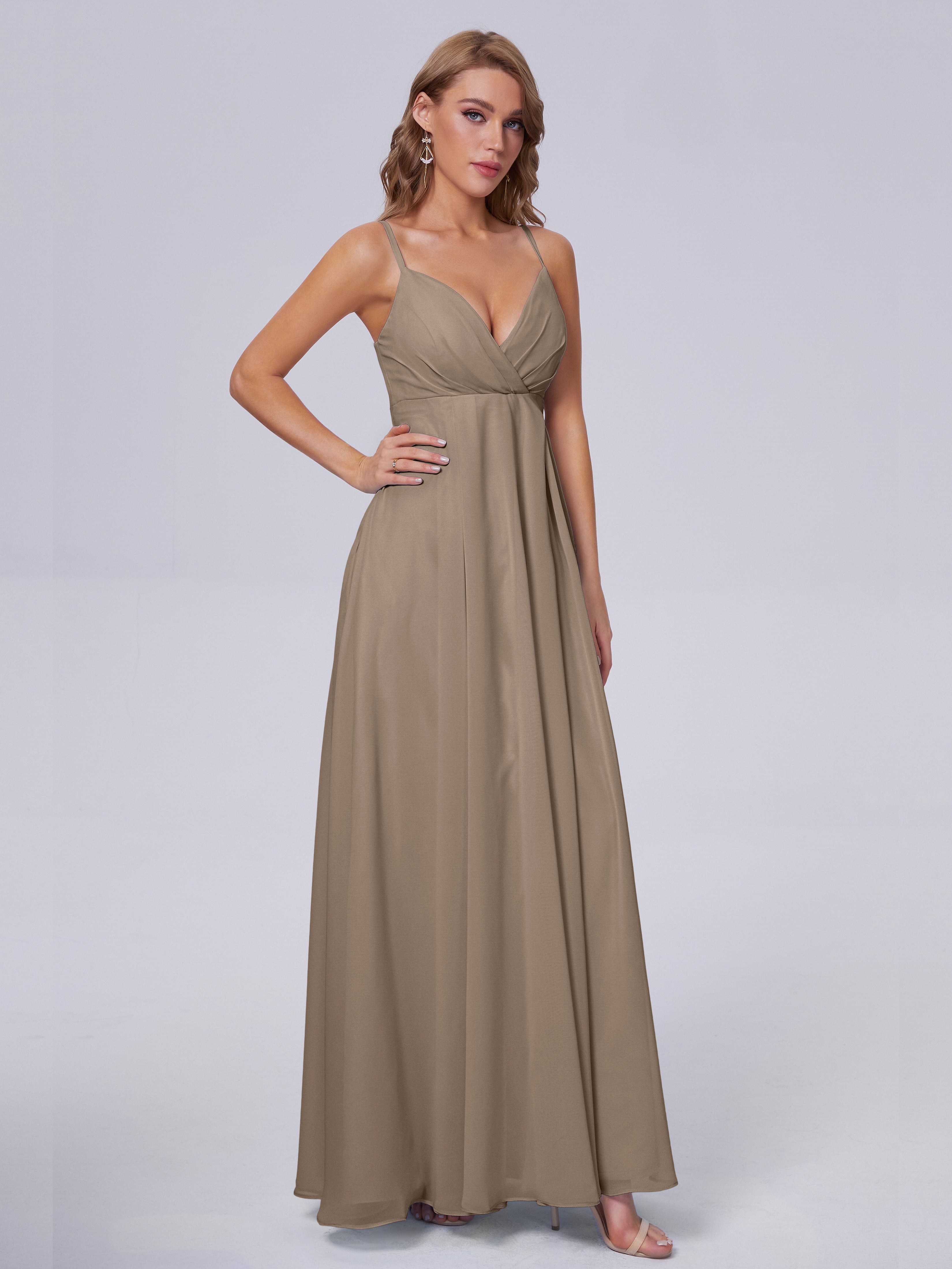 Robe Taupe Demoiselle D Honneur Classique Bretelles Spaghetti Mousseline Robes Demoiselle D'Honneur
