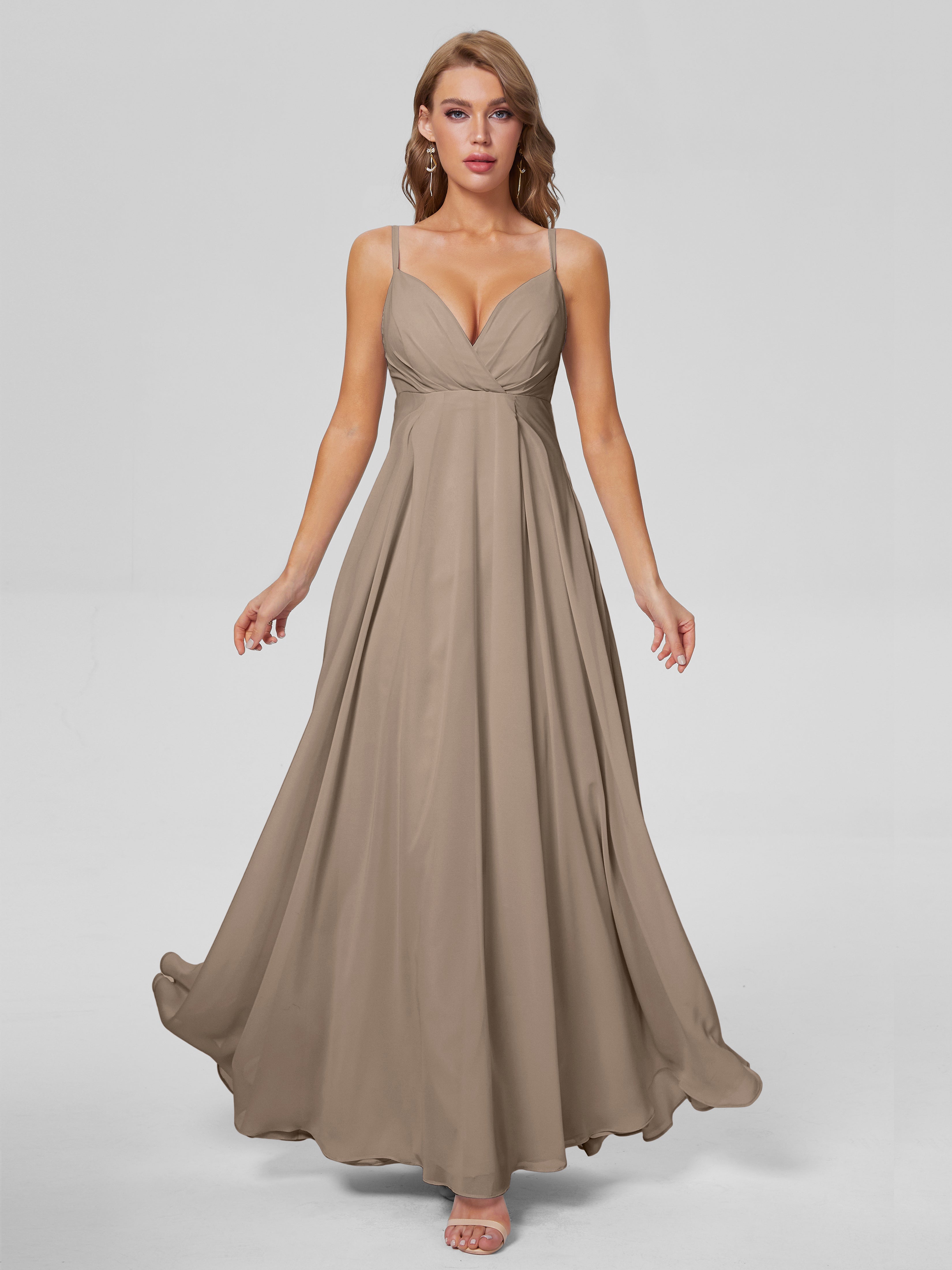 Robe Taupe Demoiselle D Honneur Classique Bretelles Spaghetti Mousseline Robes Demoiselle D'Honneur