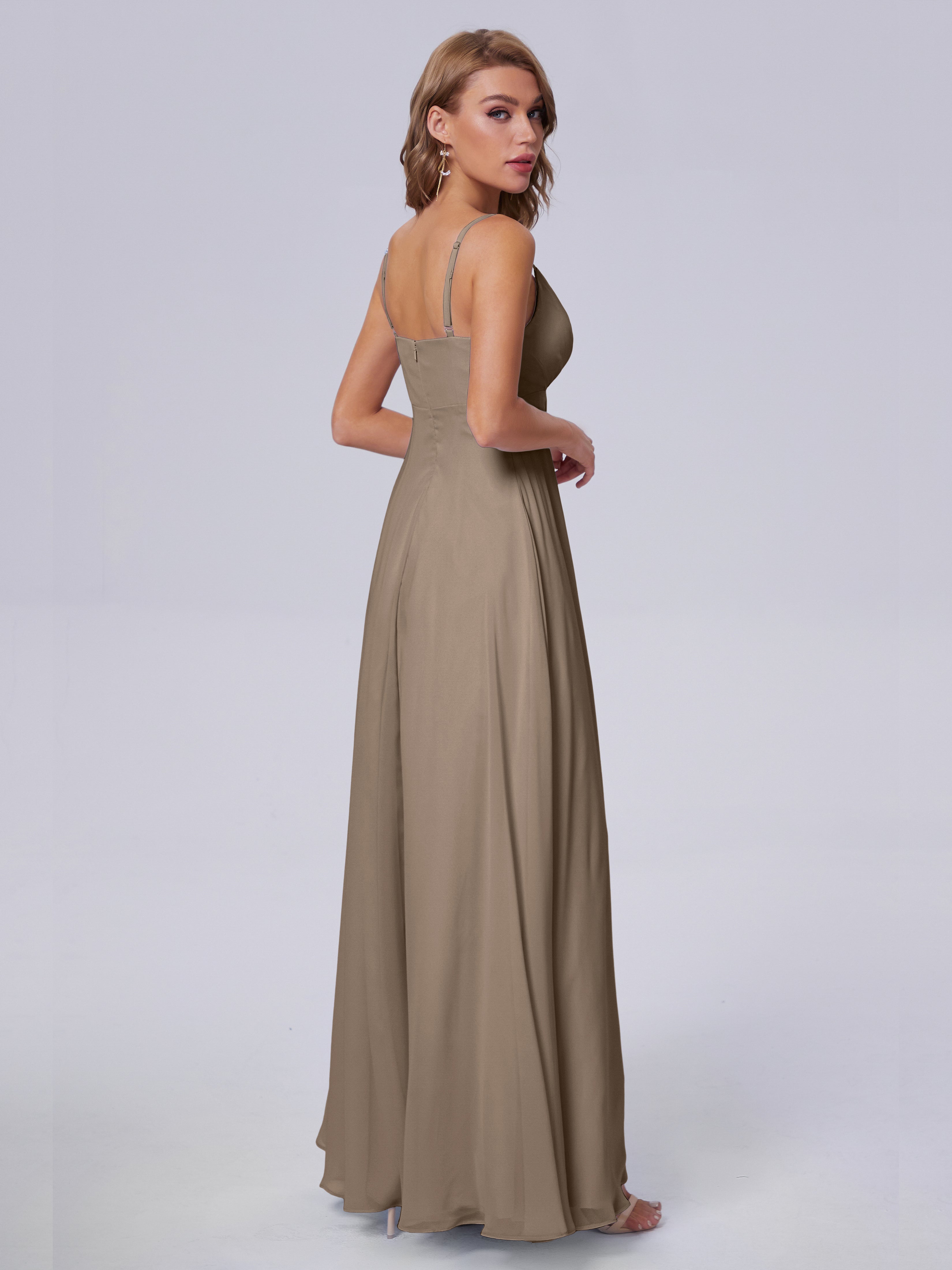 Robe Taupe Demoiselle D Honneur Classique Bretelles Spaghetti Mousseline Robes Demoiselle D'Honneur