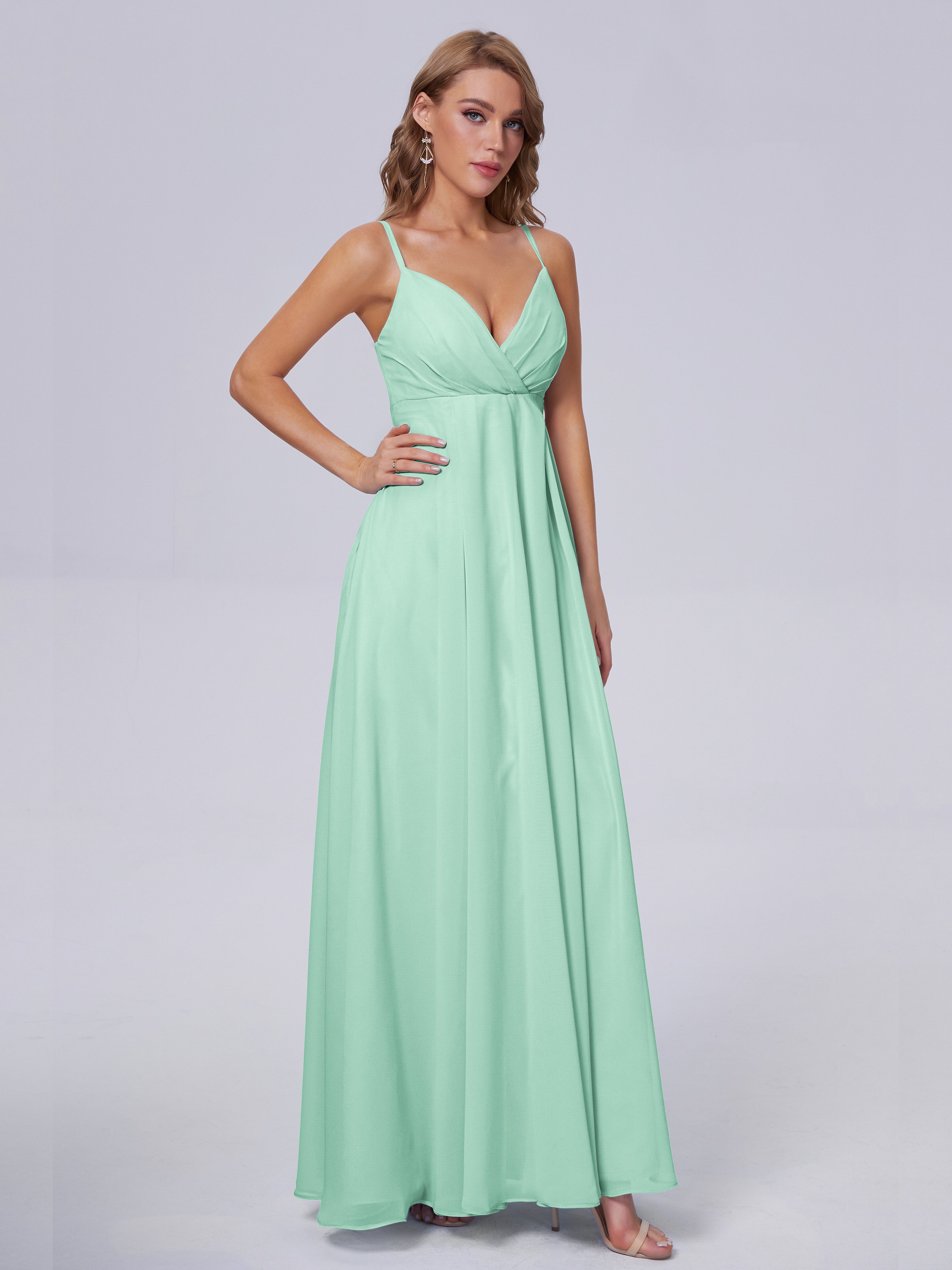 Robes De Demoiselle D'Honneur Vert Menthe Classique Bretelles Spaghetti Mousseline Robes Demoiselle D'Honneur