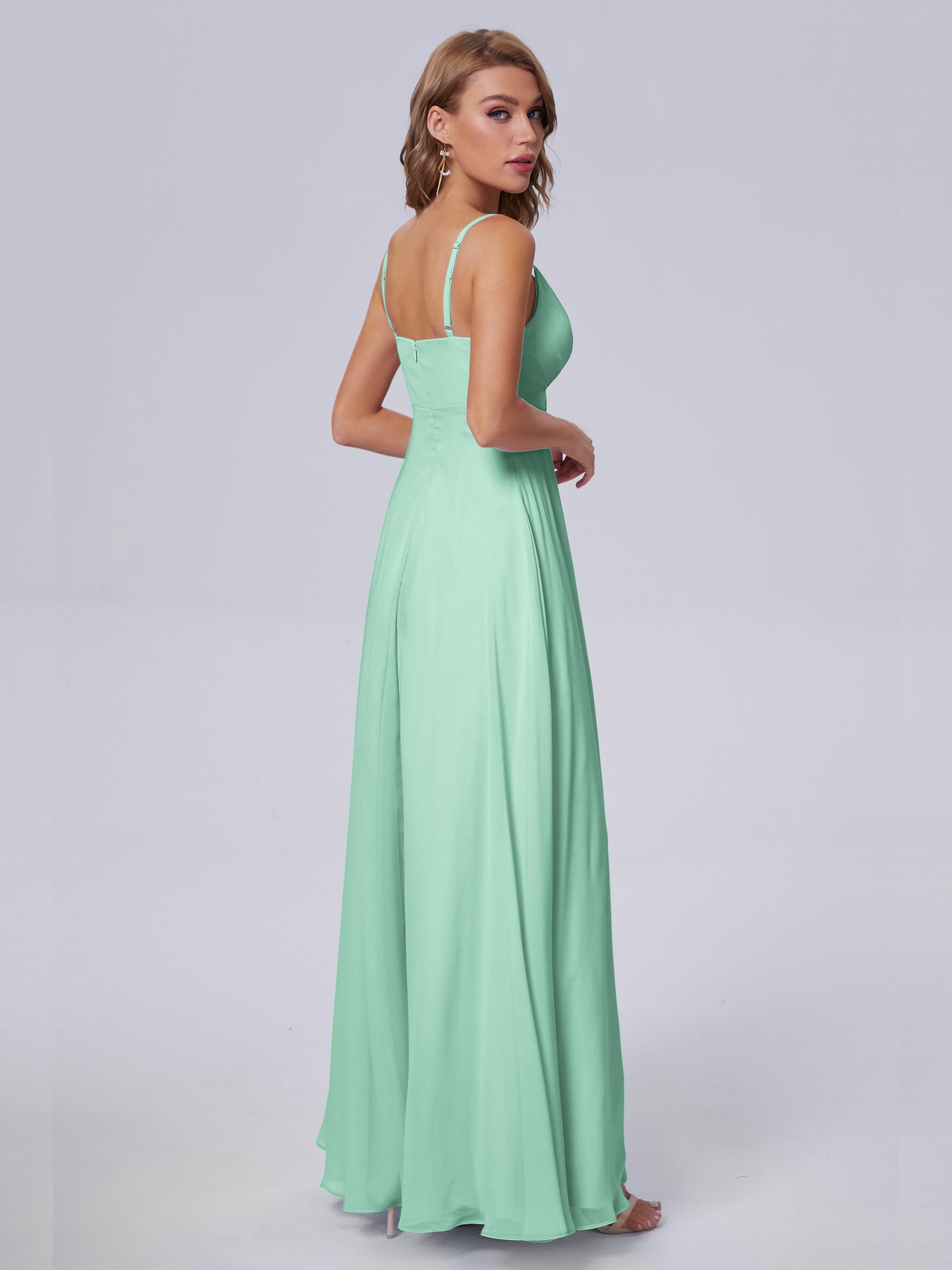 Robes De Demoiselle D'Honneur Vert Menthe Classique Bretelles Spaghetti Mousseline Robes Demoiselle D'Honneur