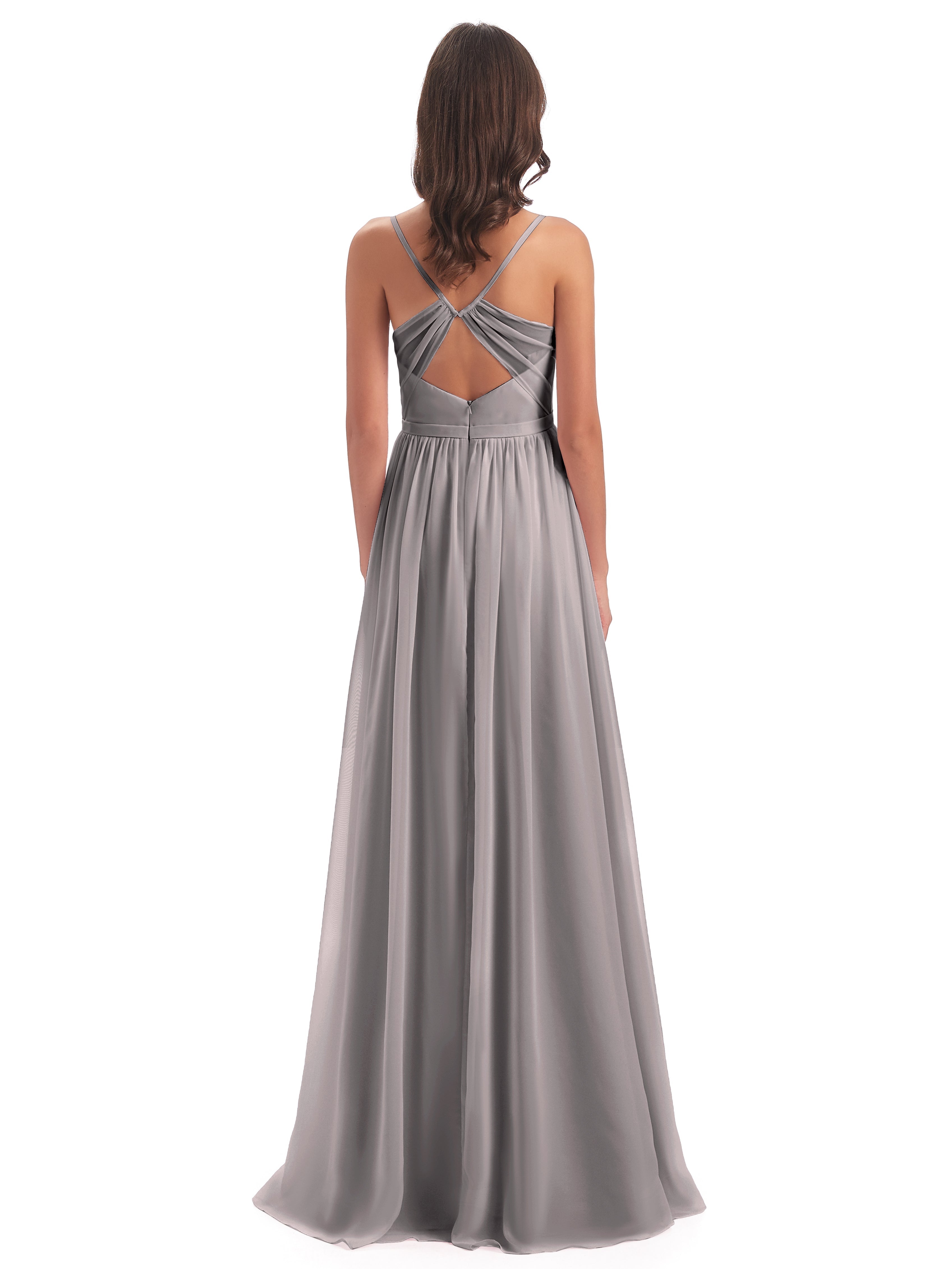 Robe Demoiselle D Honneur Argentée Dos Ouvert Fendue Mousseline Robes Demoiselle D'Honneur