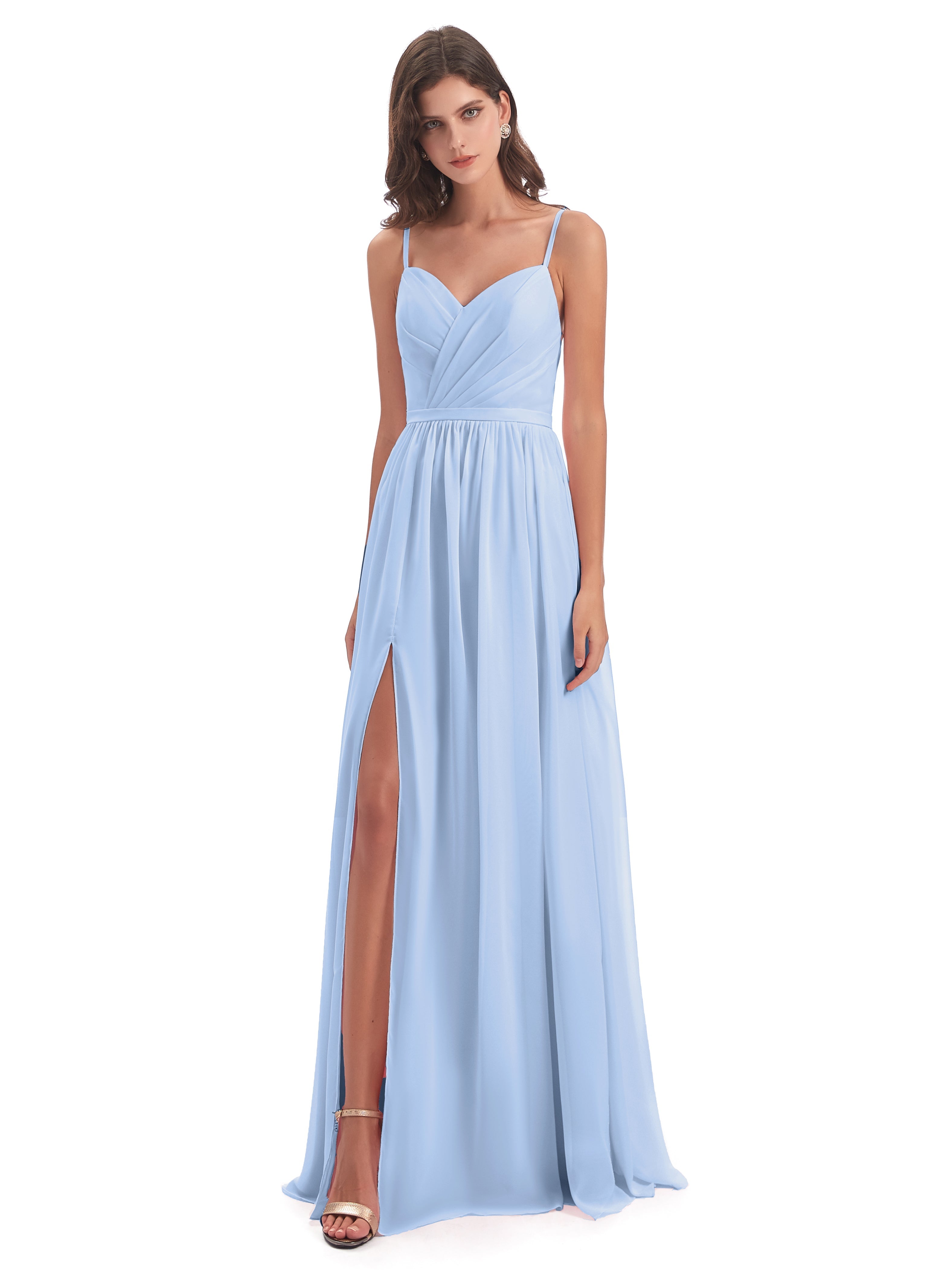 Robe De Demoiselle D Honneur Bleu Ciel Dos Ouvert Fendue Mousseline Robes Demoiselle D'Honneur