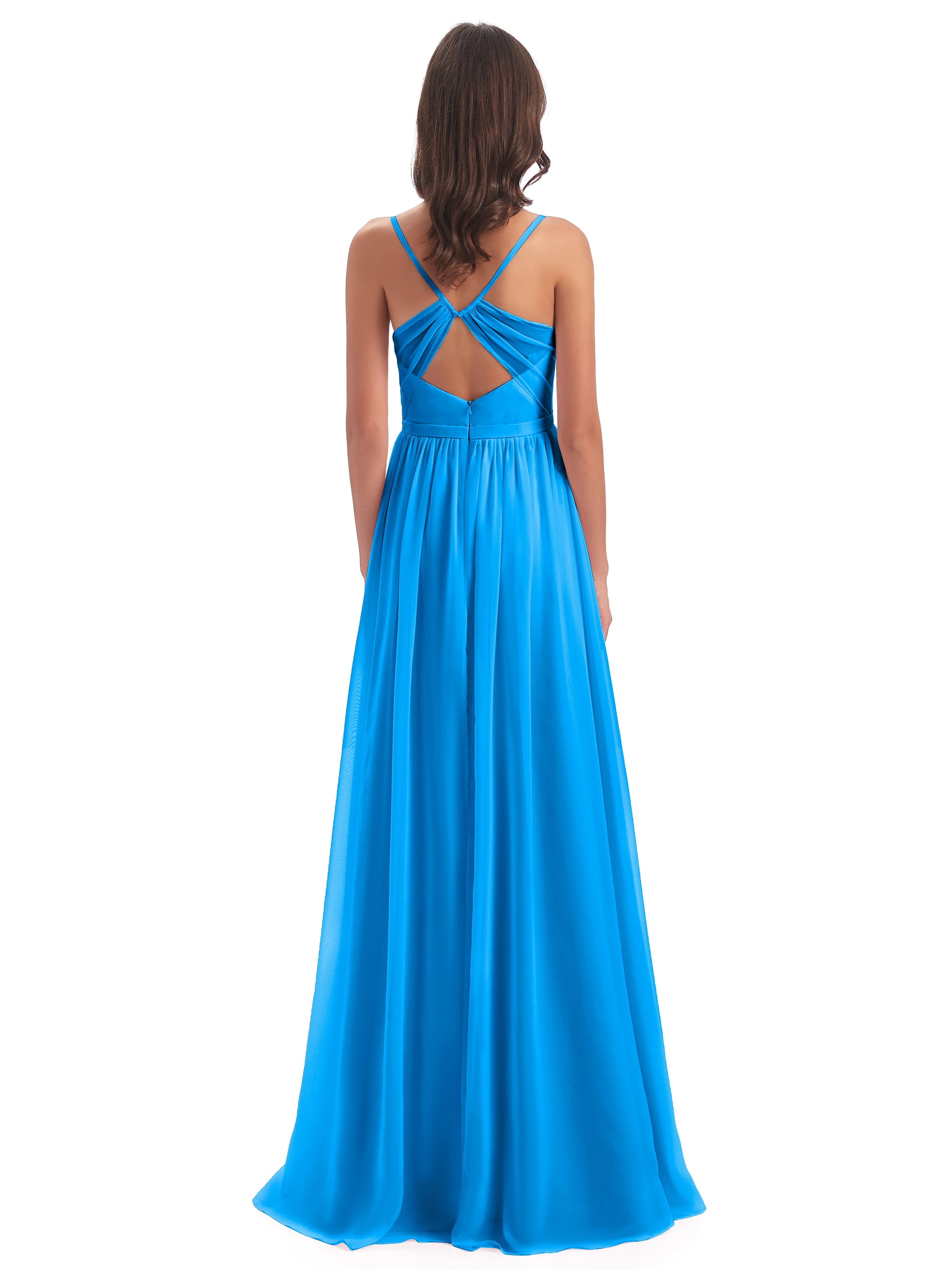 Robes De Demoiselle D'Honneur Bleu Océan Dos Ouvert Fendue Mousseline Robes Demoiselle D'Honneur
