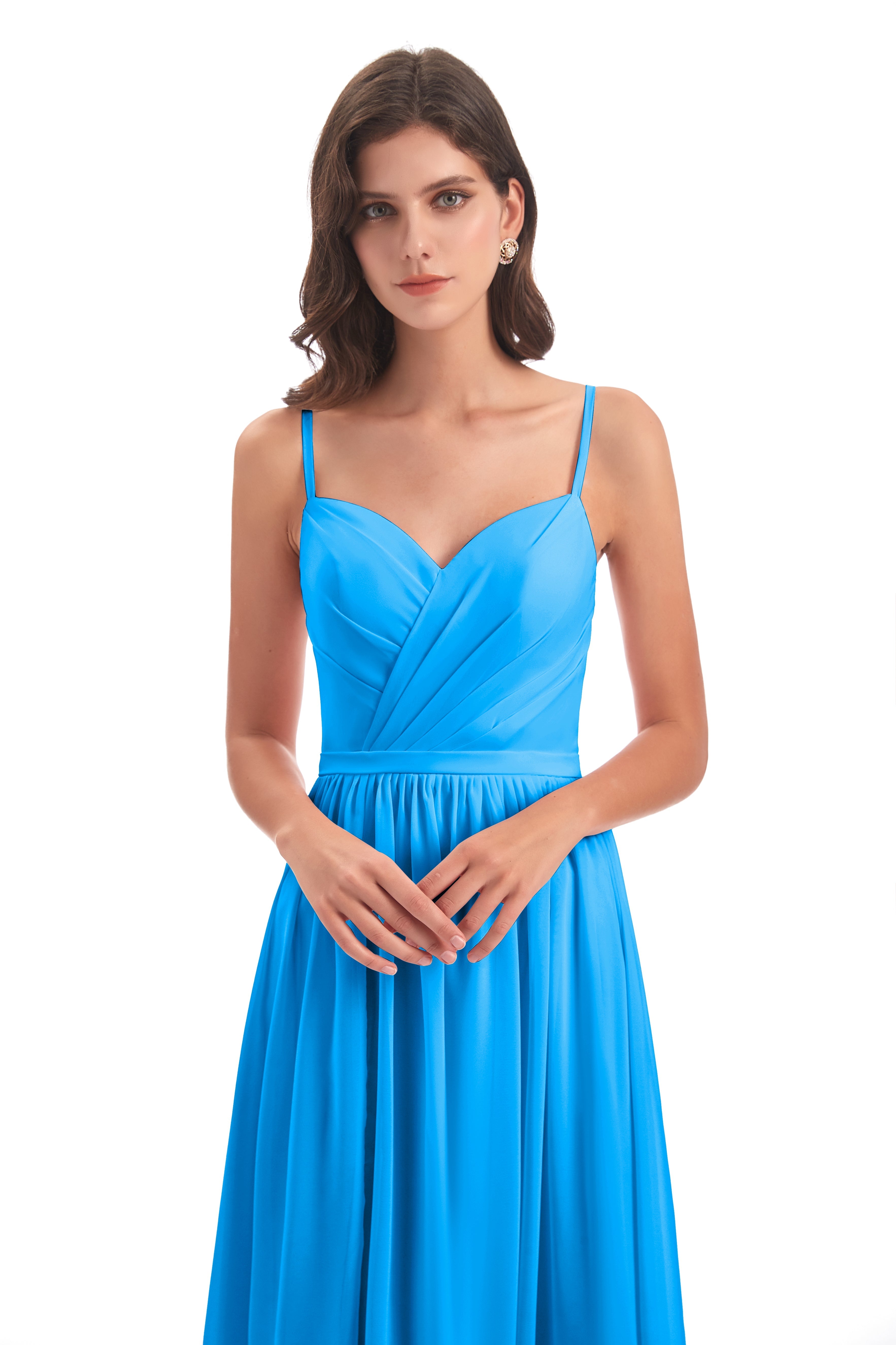 Robes De Demoiselle D'Honneur Bleu Océan Dos Ouvert Fendue Mousseline Robes Demoiselle D'Honneur
