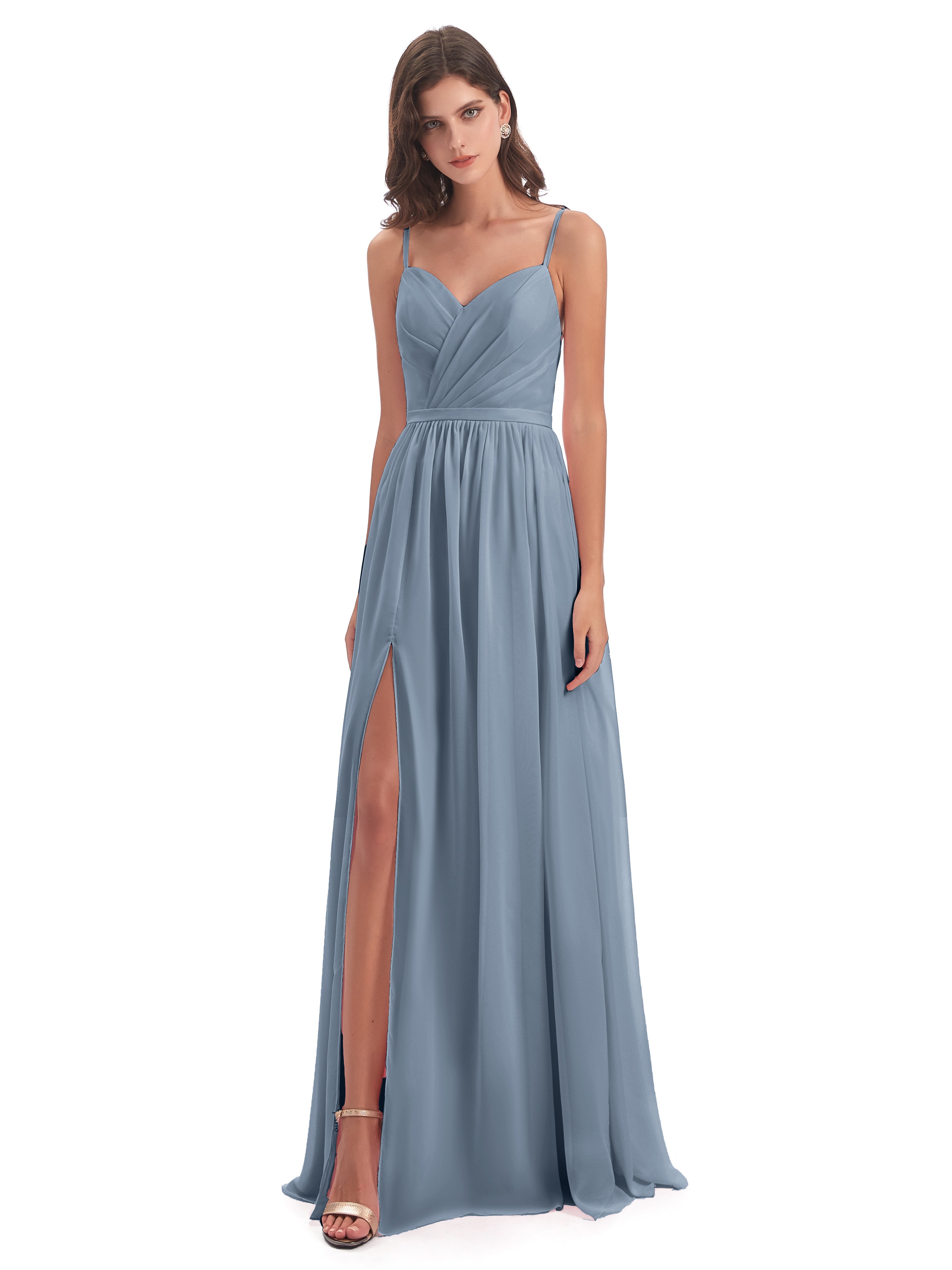 Robe Demoiselle D Honneur Bleu Poussiereux Dos Ouvert Fendue Mousseline Robes Demoiselle D'Honneur