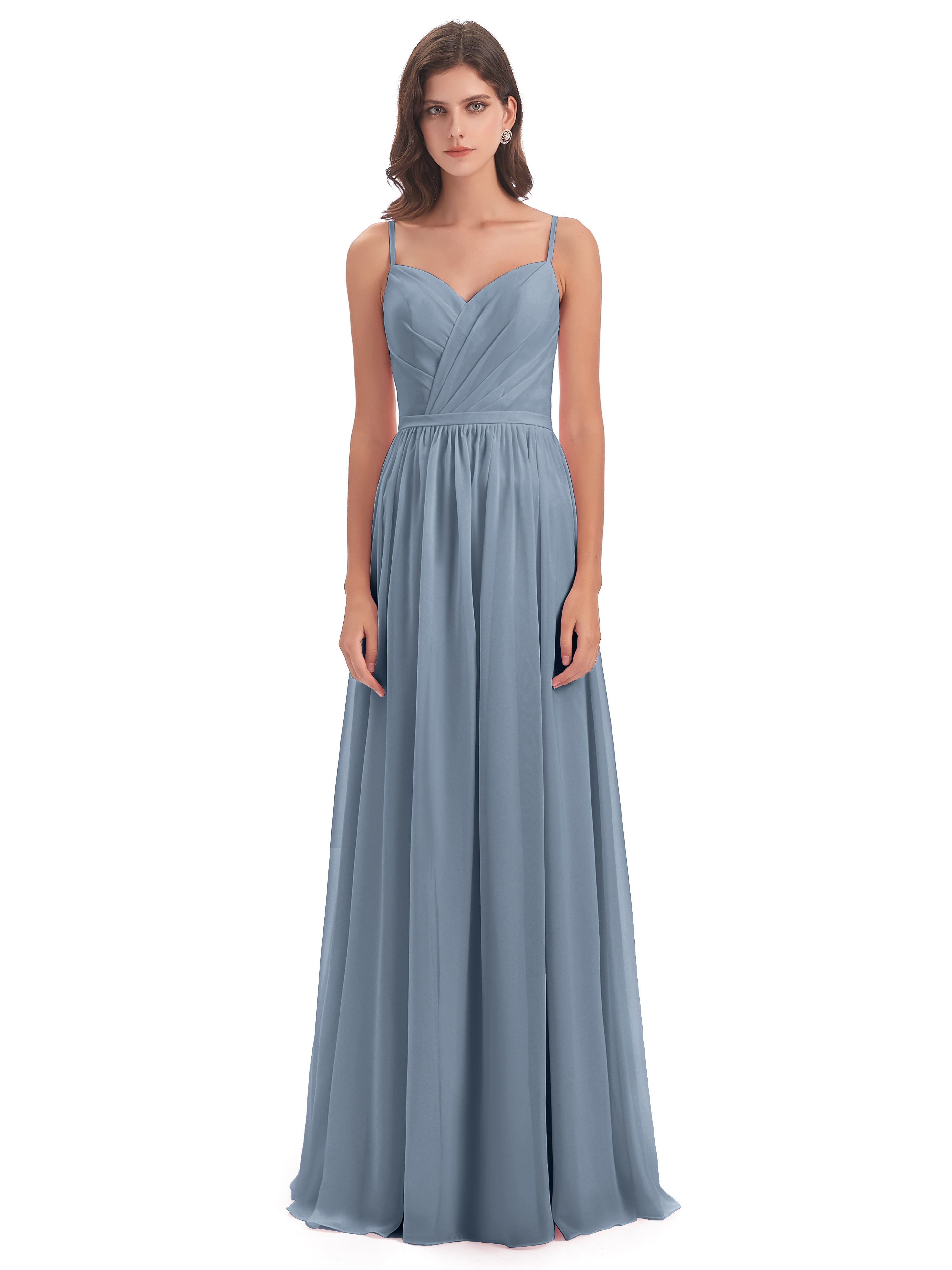 Robe Demoiselle D Honneur Bleu Poussiereux Dos Ouvert Fendue Mousseline Robes Demoiselle D'Honneur