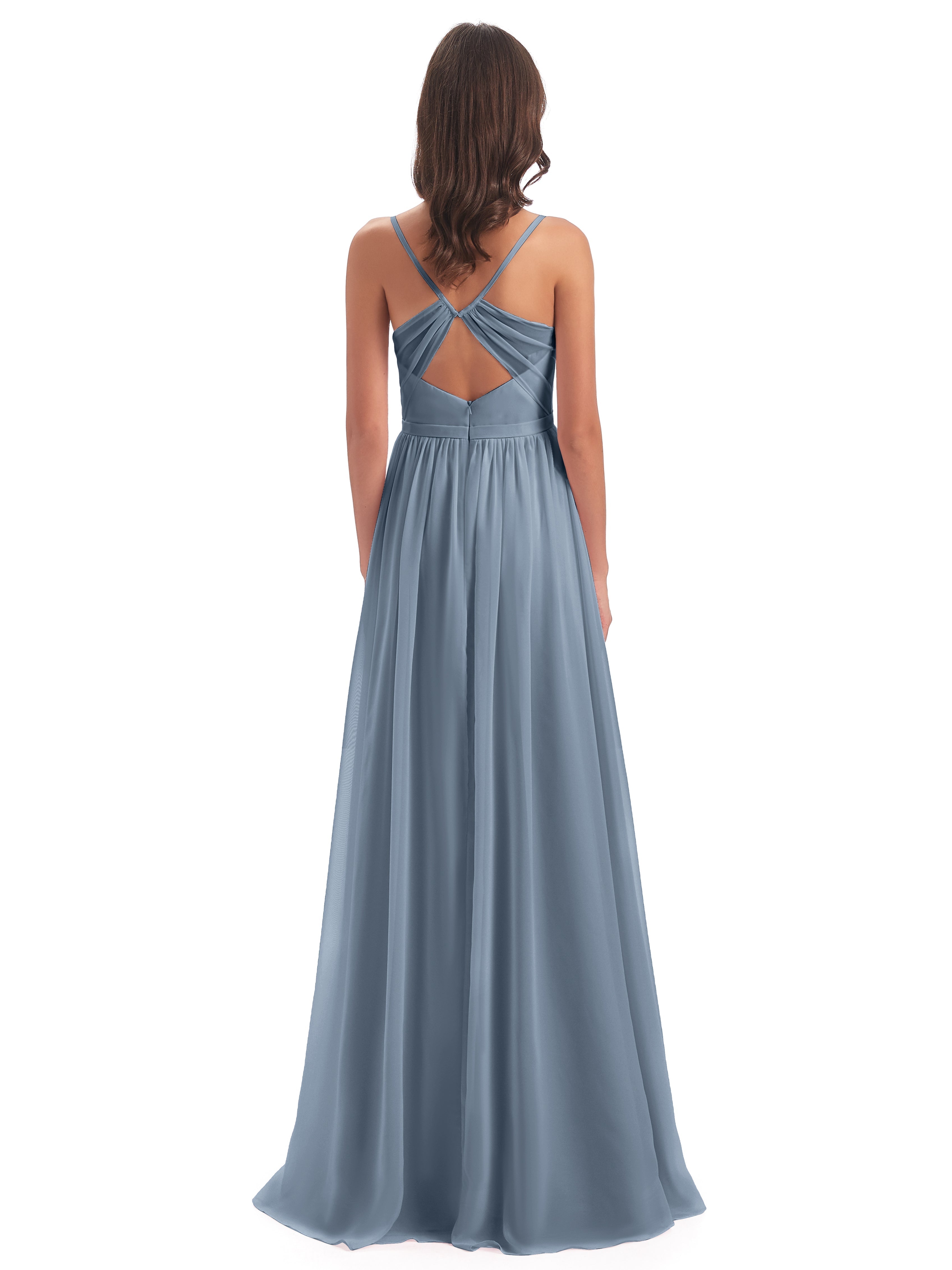 Robe Demoiselle D Honneur Bleu Poussiereux Dos Ouvert Fendue Mousseline Robes Demoiselle D'Honneur