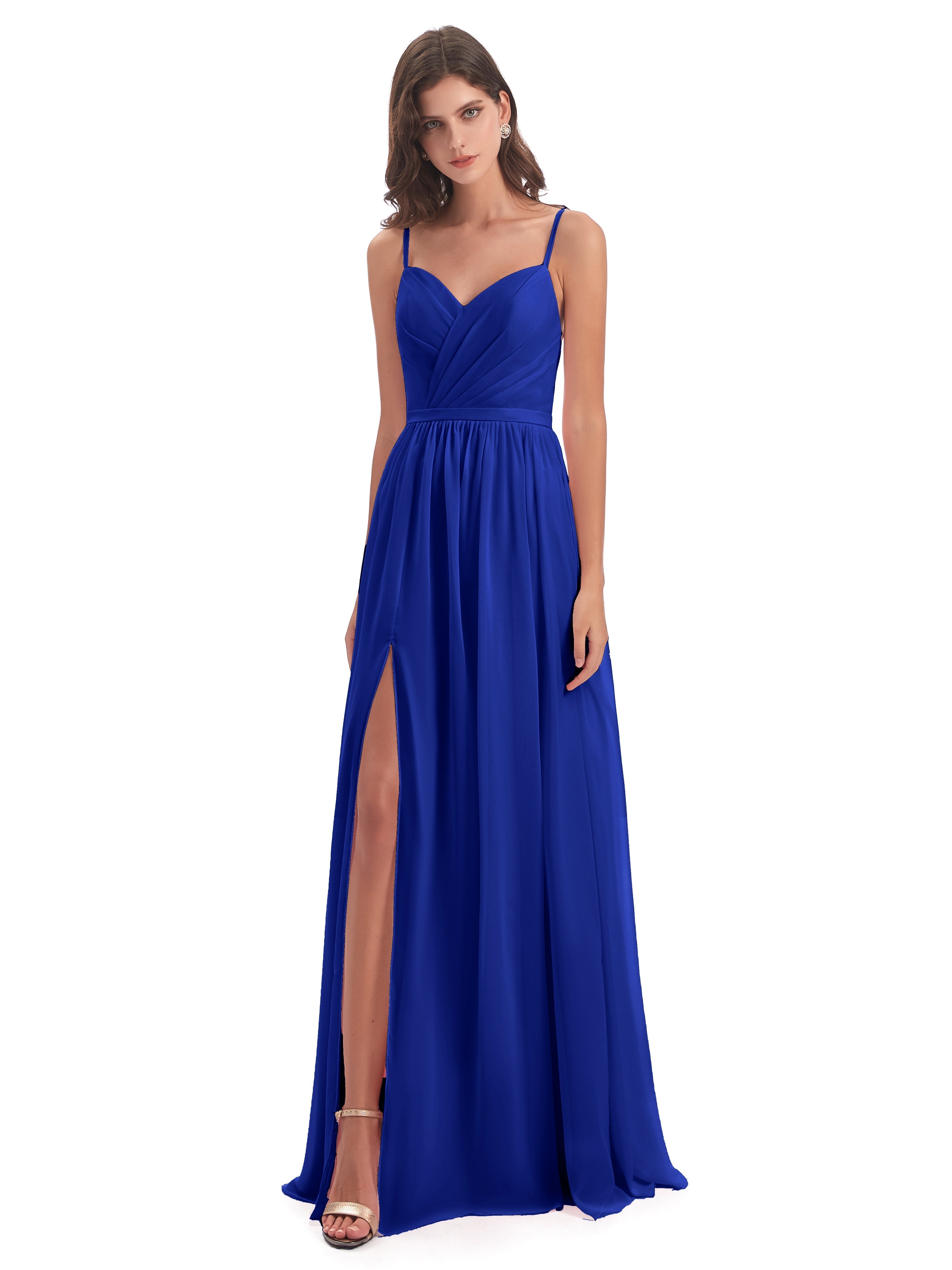 Robes De Demoiselle D'Honneur Bleu Royal Longues Dos Ouvert Fendue Mousseline Robes Demoiselle D'Honneur