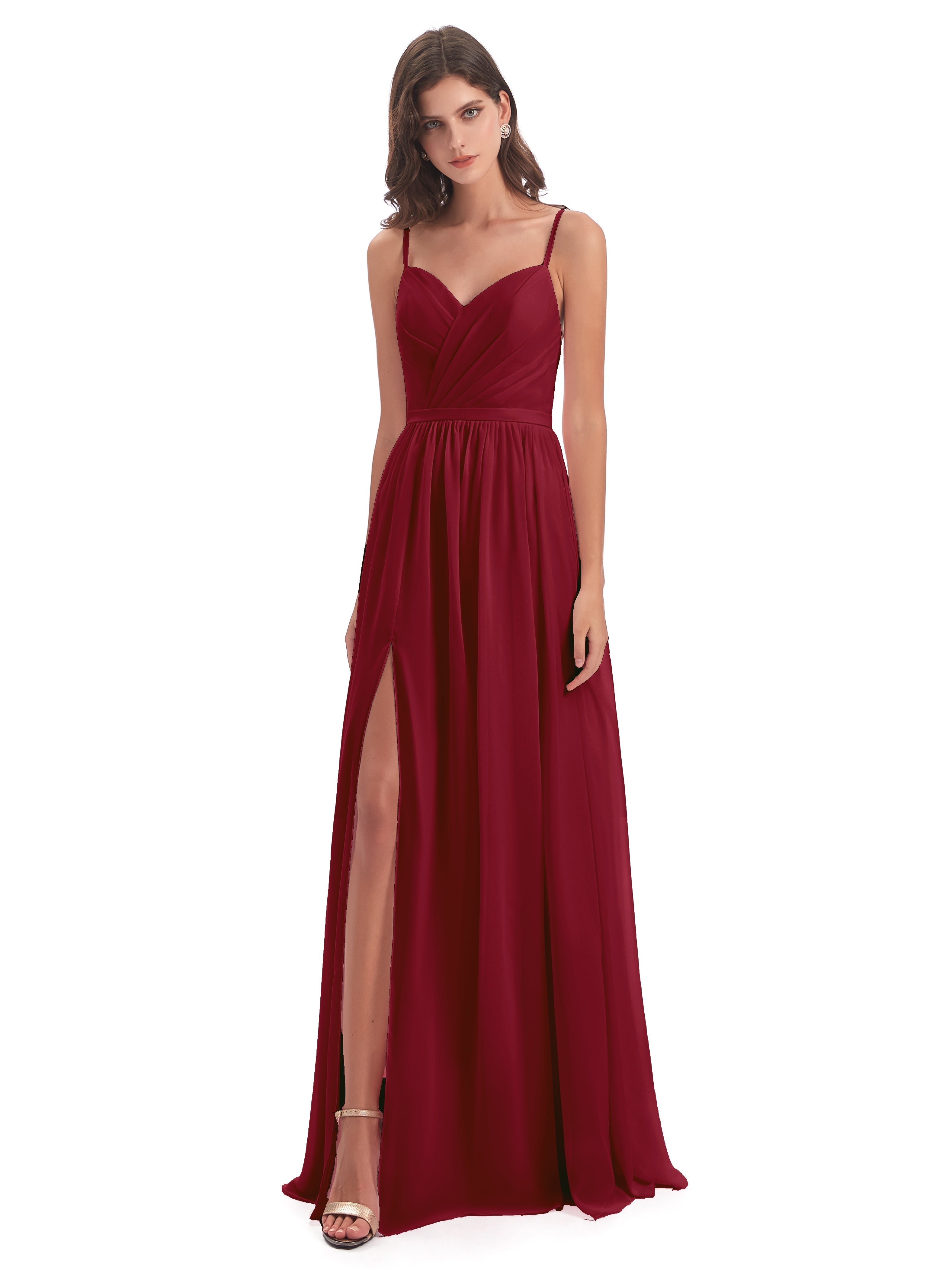 Robes De Demoiselle D'Honneur Couleur Bordeaux Dos Ouvert Fendue Mousseline Robes Demoiselle D'Honneur