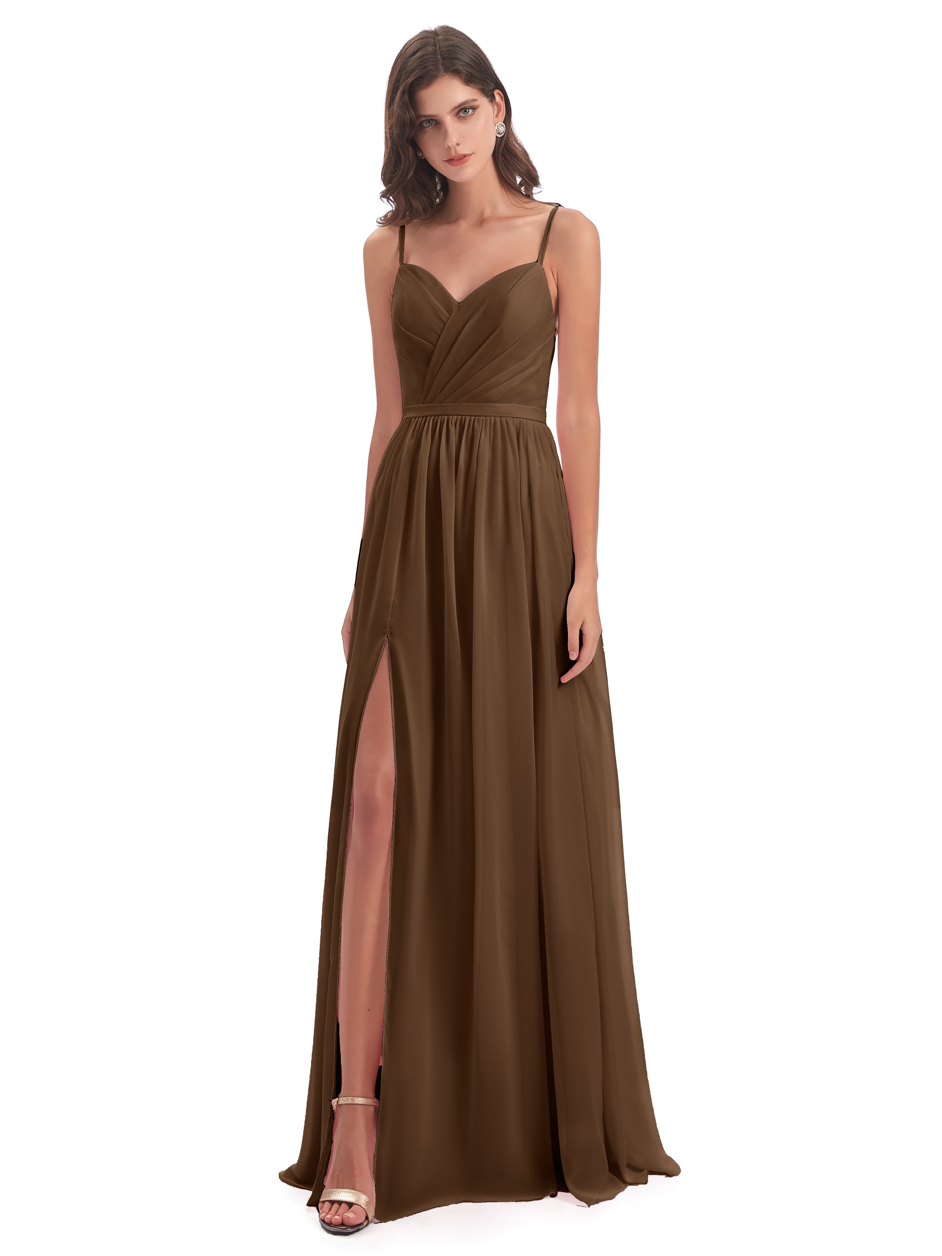 Robe Demoiselle D Honneur Brun Dos Ouvert Fendue Mousseline Robes Demoiselle D'Honneur